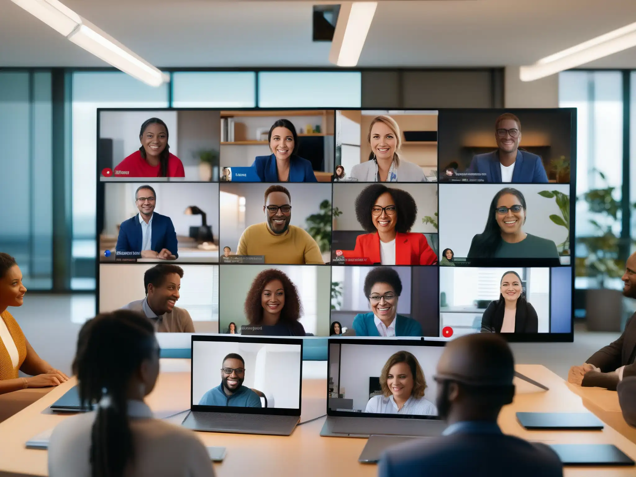 Videoconferencia inclusiva y profesional con Microsoft Teams y Google Meet Comparativa accesibilidad videoconferencia ONGs: Reunión virtual inclusiva con Microsoft Teams y Google Meet en una oficina profesional