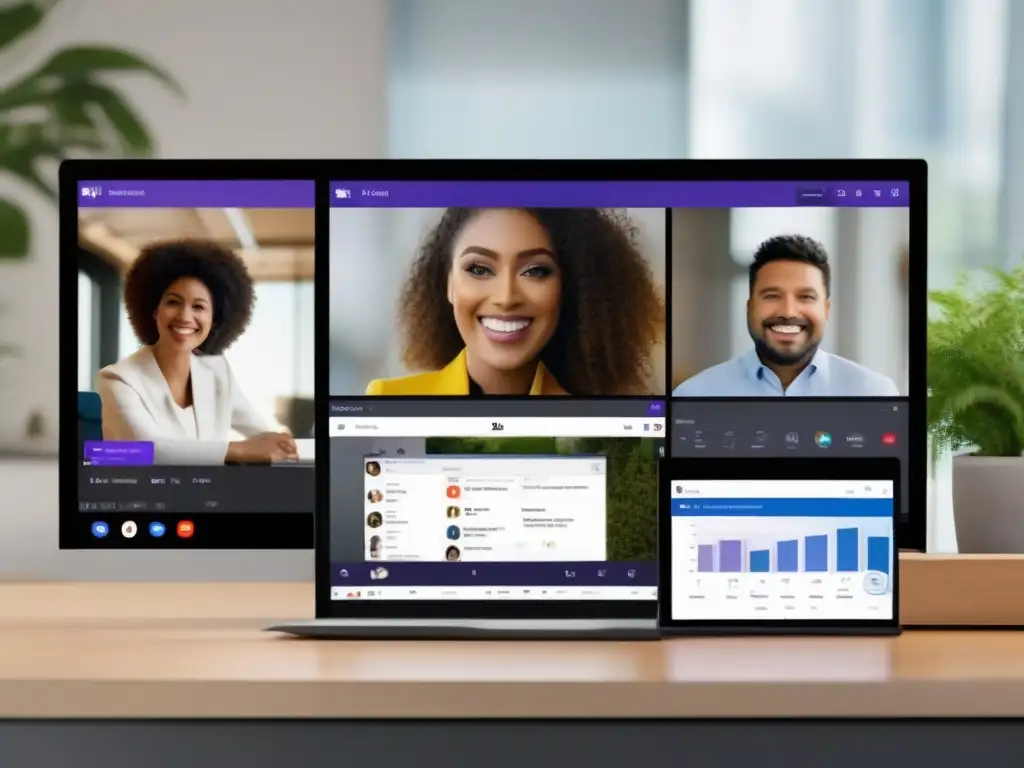 Comparación Zoom vs Microsoft Teams: Personalización 2023 Comparativa API 2023 videoconferencias personalización: Splitscreen de Zoom y Microsoft Teams con diseños modernos y opciones de personalización vibrantes