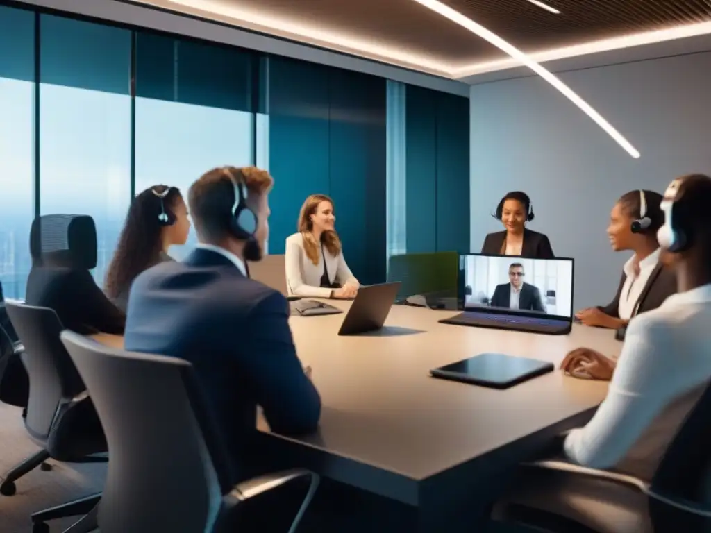 Videoconferencia de alta calidad en sala moderna Comparativa calidad audio videoconferencia: Reunión en sala moderna con participantes usando auriculares de alta calidad en videoconferencia