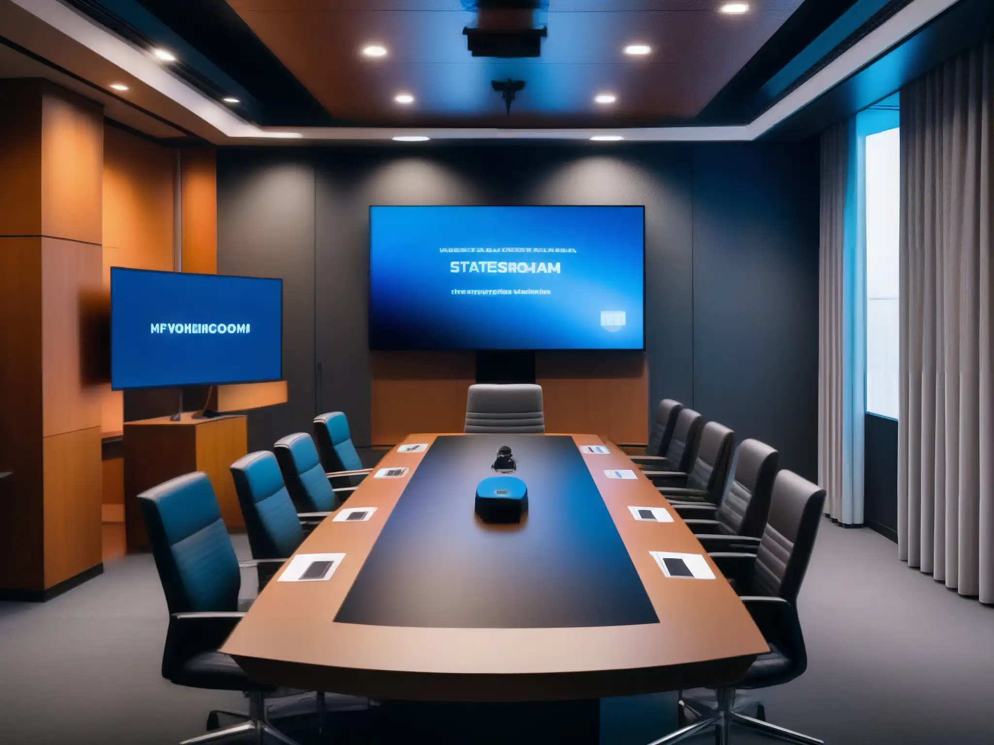Webinar profesional con equipamiento de audio de alta calidad Comparativa calidad audio videoconferencia profesionales: Sala de conferencias moderna y bien iluminada con equipo de audio profesional y personas participando en una videoconferencia productiva