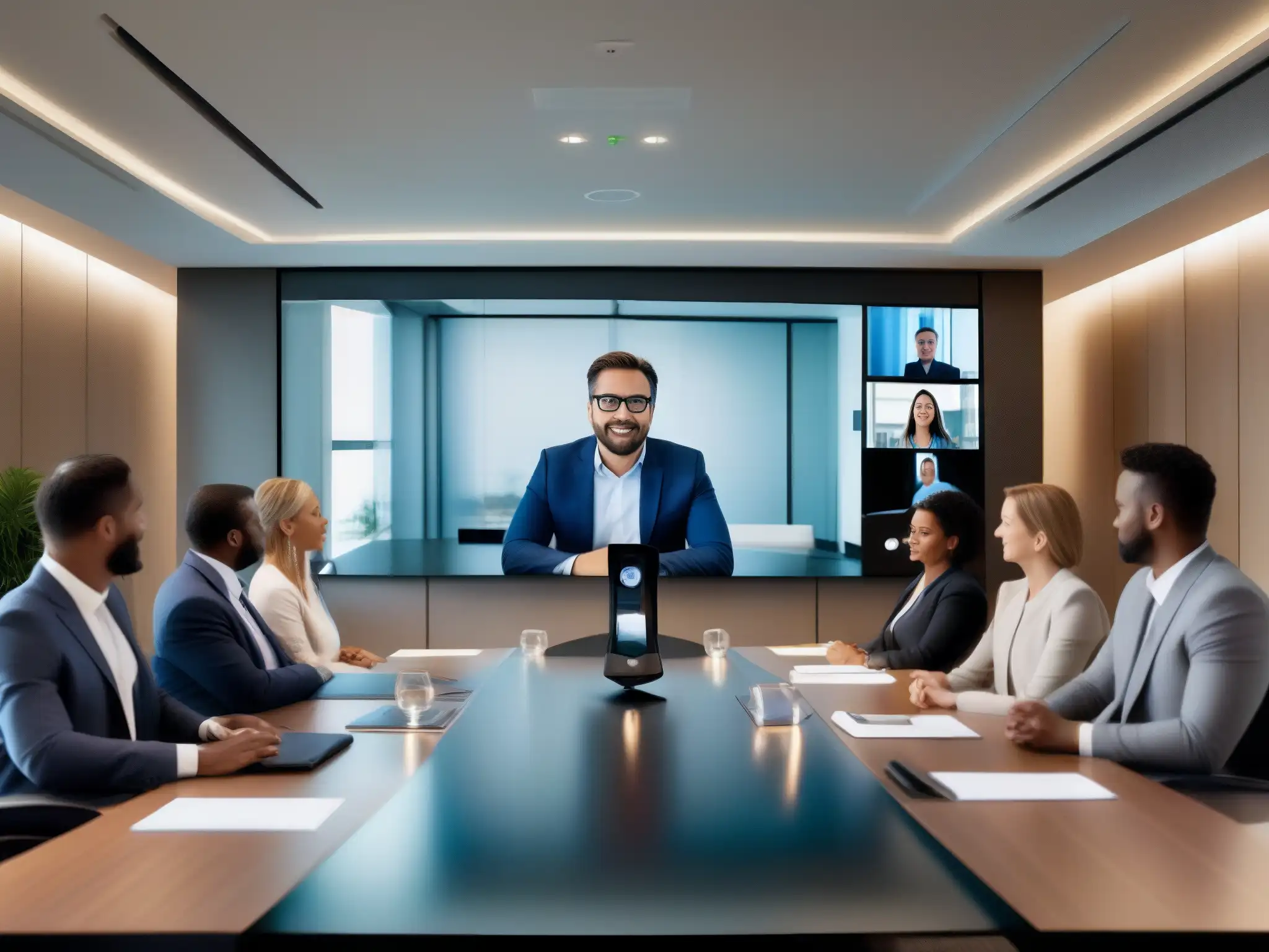 Sala de conferencias moderna con videoconferencia de alta calidad Comparativa calidad audio videoconferencia profesionales en moderna sala de conferencias bien iluminada y elegante