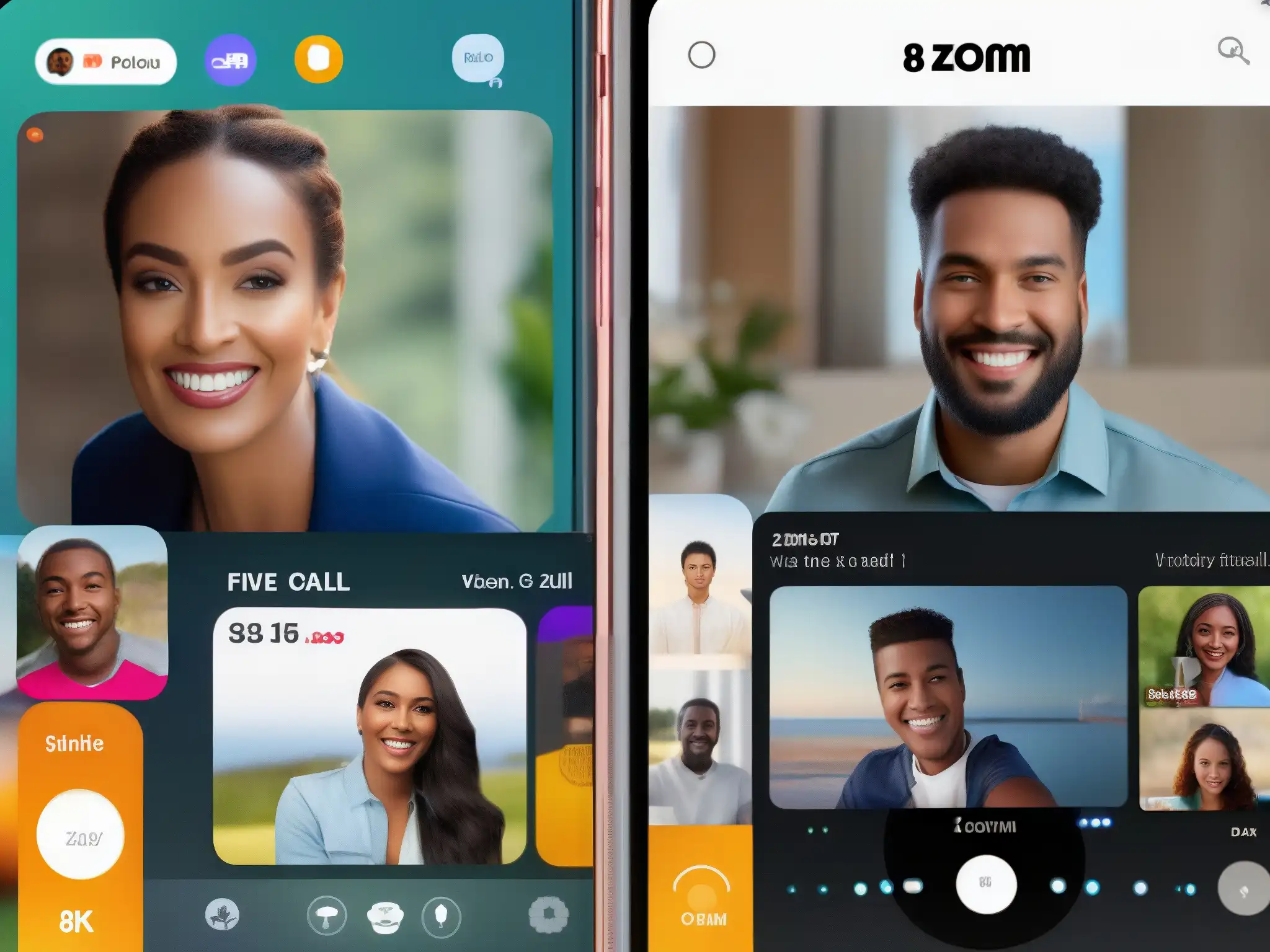 Comparación 8k Zoom vs Comparativa de calidad de conexiones celulares entre Zoom y FaceTime en varios dispositivos y sistemas operativos, con detalles nítidos y ambiente profesional