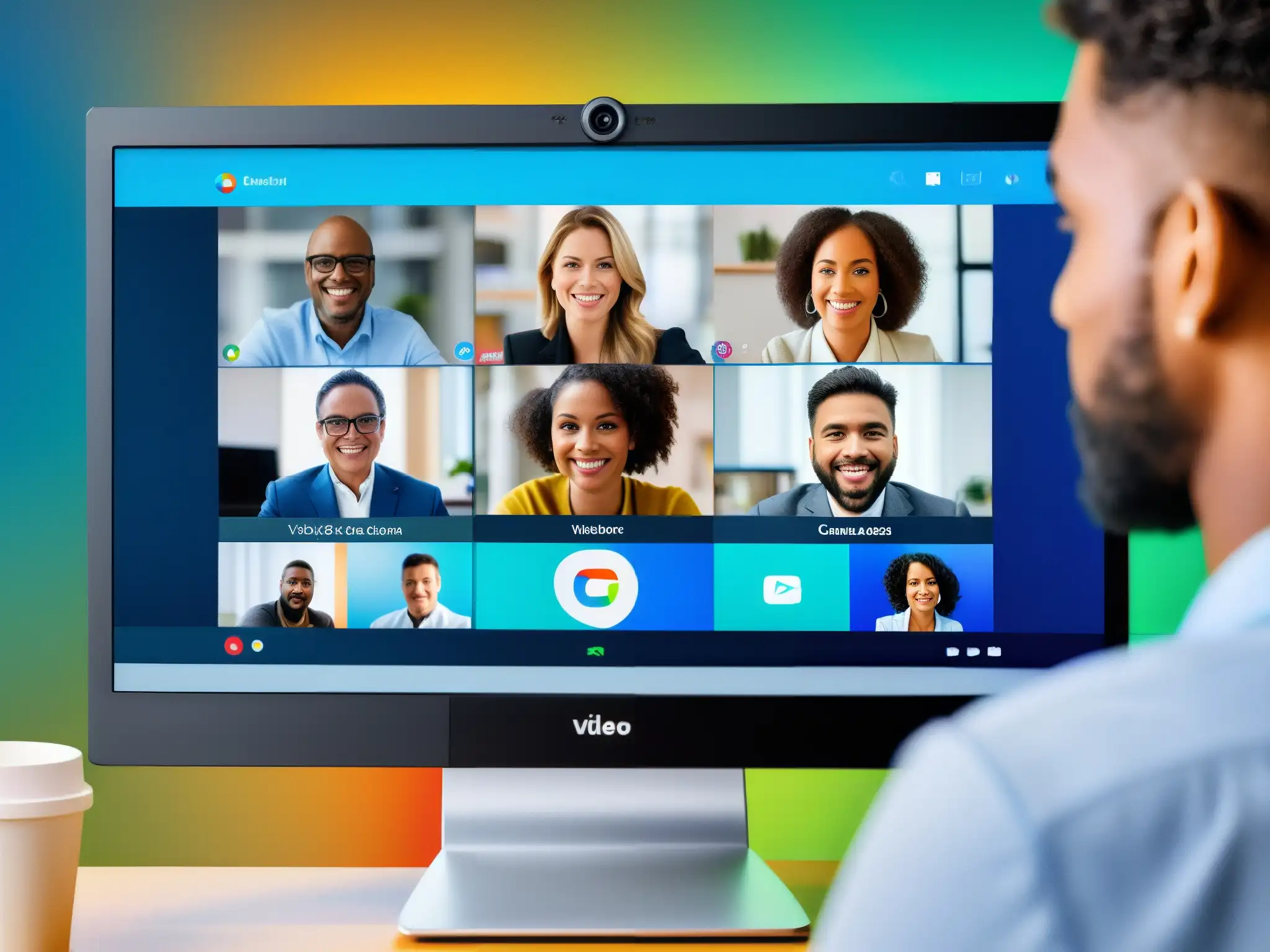Comparación de calidad en video llamadas: Zoom vs Comparativa calidad comunicación videoconferencia peertopeer: Imagen detallada de monitor con pantalla dividida entre video llamadas Zoom y WebRTC