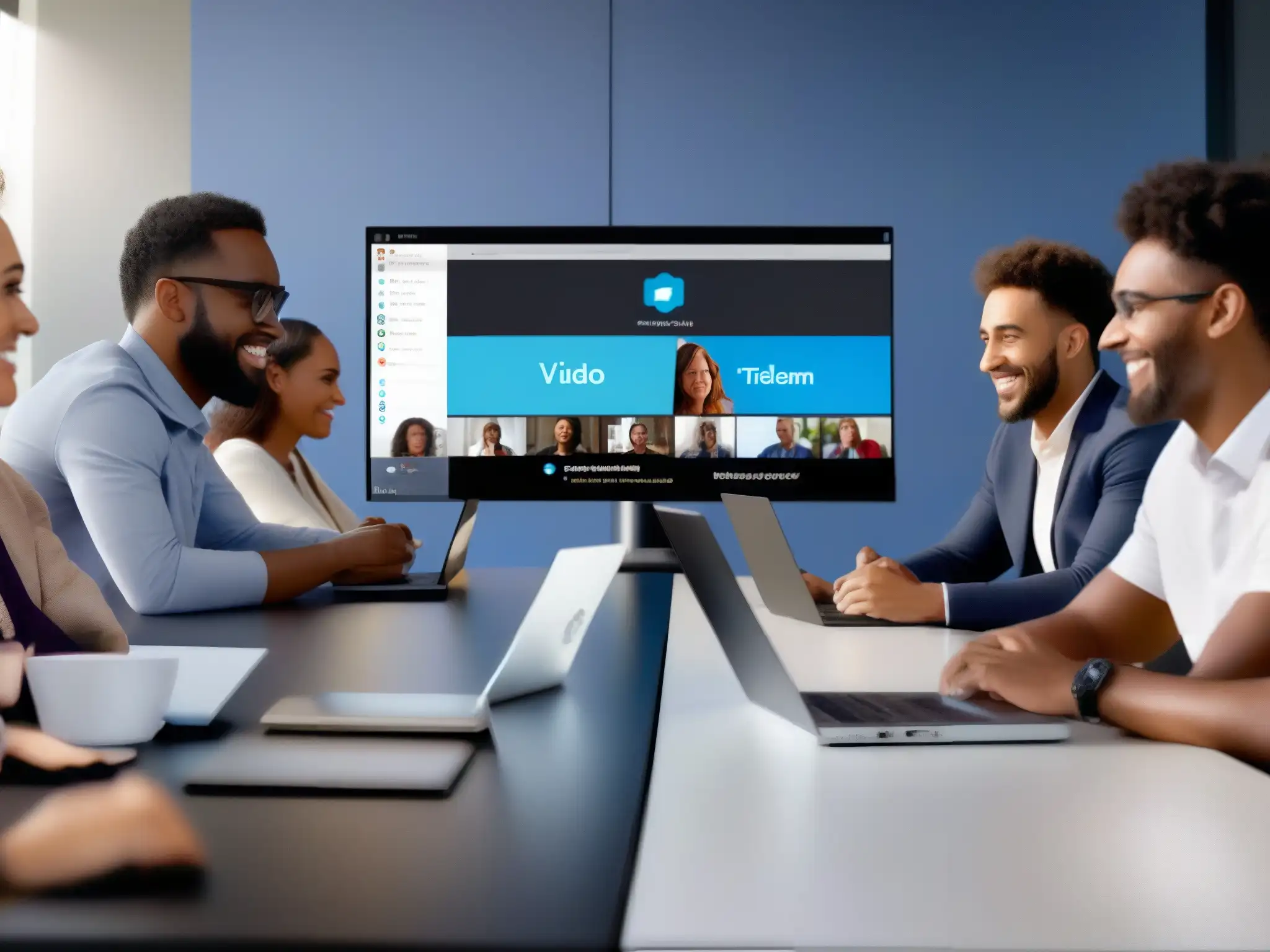 Comparación videoconferencia: Microsoft Teams vs Comparativa calidad videoconferencia Teams vs Skype: Imagen de pantalla dividida con videoconferencia en alta resolución, mostrando feeds de Microsoft Teams y Skype, resaltando la calidad y profesionalismo de ambas plataformas