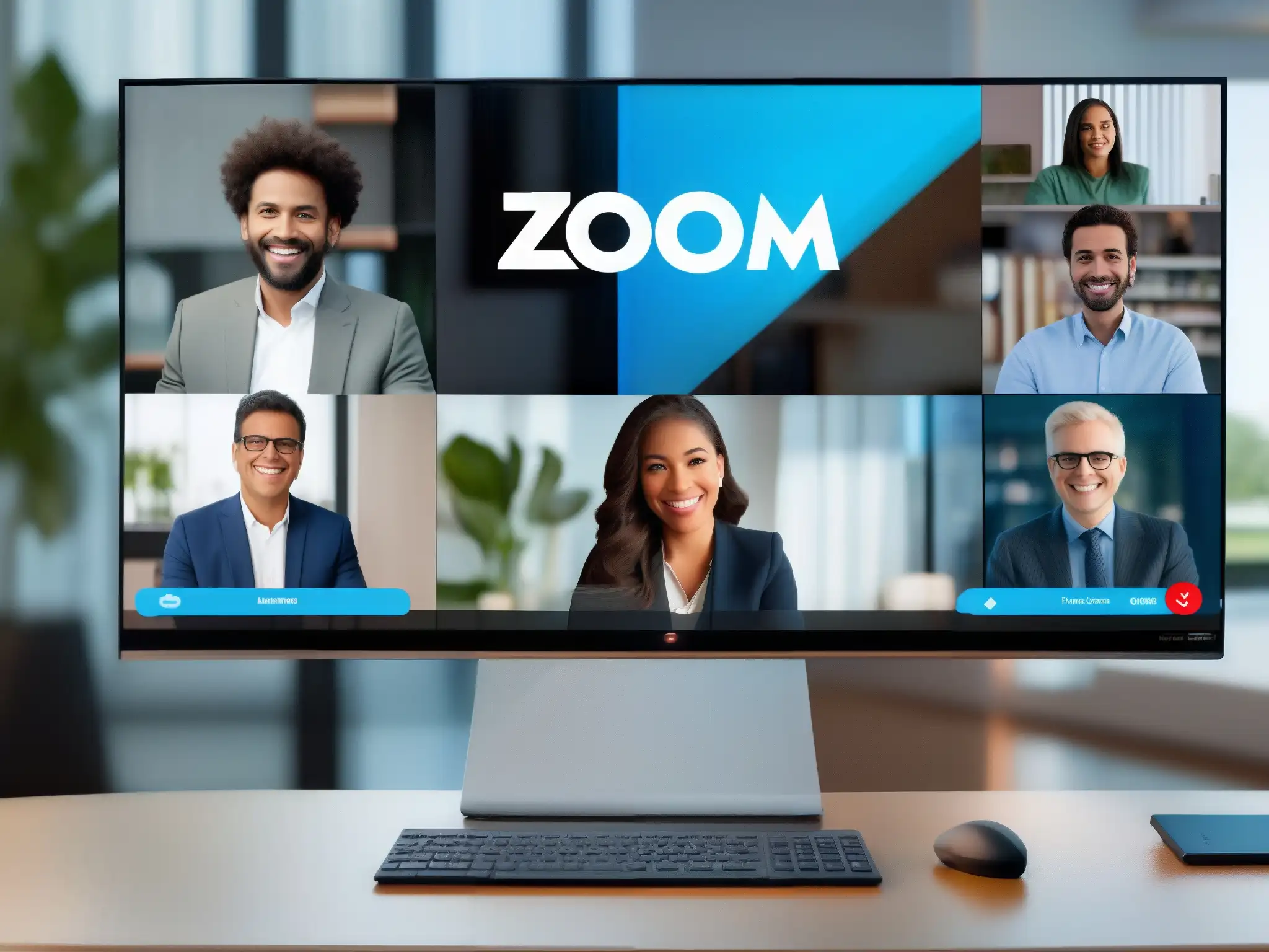 Conferencia profesional: Zoom vs Comparativa calidad videoconferencia Zoom Skype: Imagen 8k de videoconferencia profesional en entorno moderno y futurista