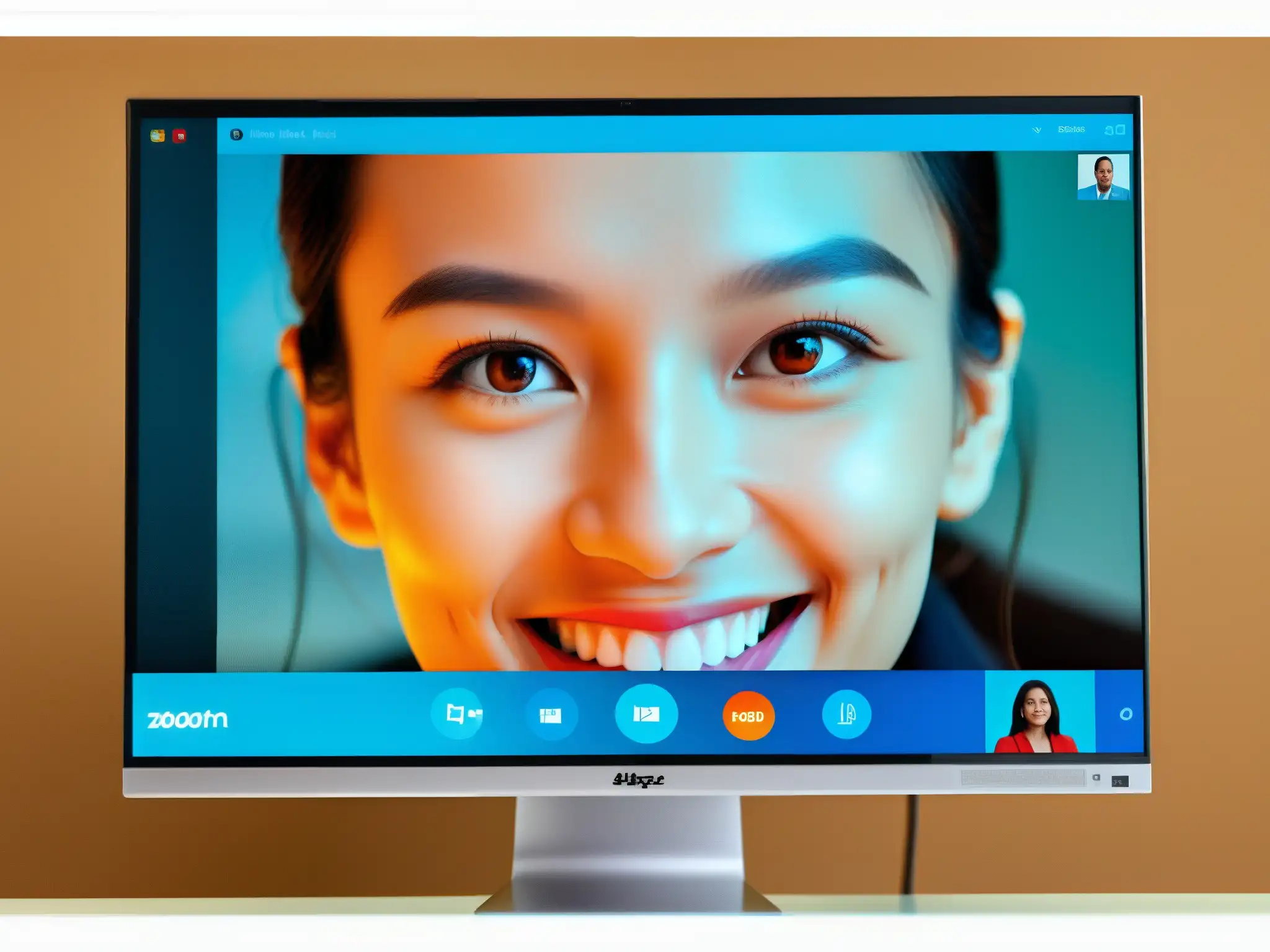 Videoconferencias en Zoom y Skype: detalle ultranítido Comparativa de calidad de videoconferencia entre Zoom y Skype en monitor, mostrando imágenes nítidas y claras en un entorno profesional y vanguardista