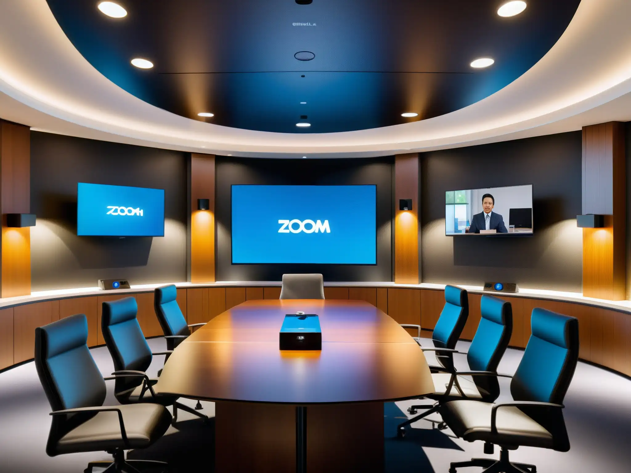 Setup de videoconferencia profesional y sofisticado Comparativa características técnicas Zoom vs Microsoft Teams: Imagen de una sala de videoconferencias moderna y elegante con equipos de alta calidad y una iluminación ambiental suave, que transmite profesionalismo y sofisticación tecnológica