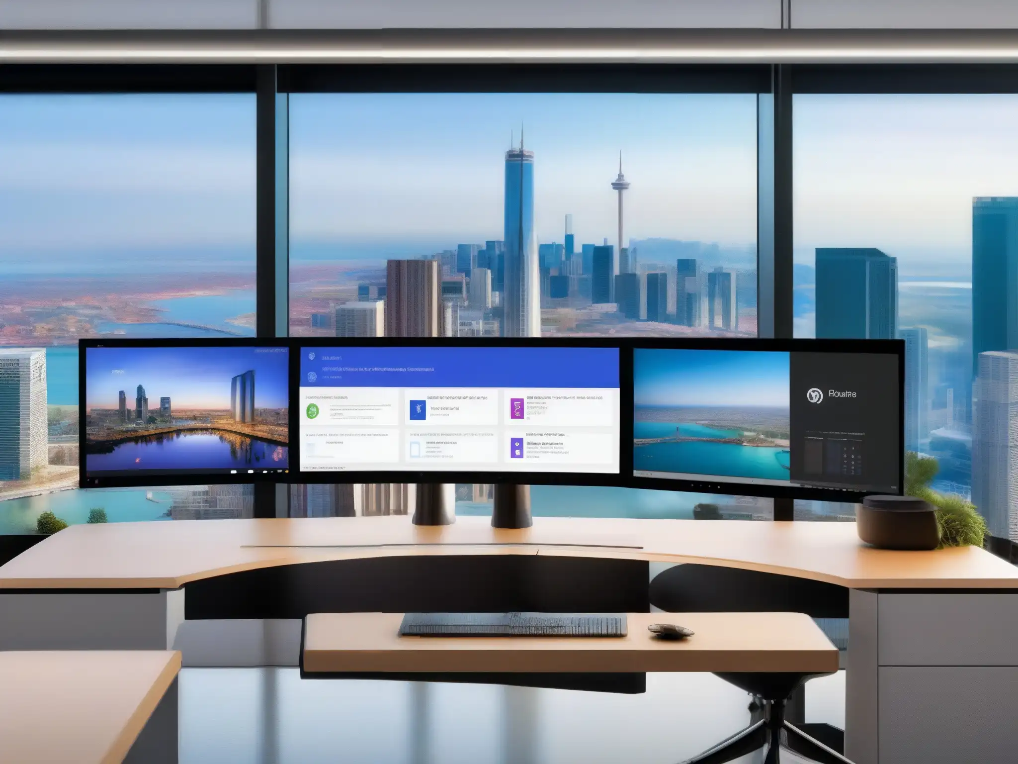 Oficina moderna con Zoom y Microsoft Teams Comparativa características técnicas Zoom vs Microsoft Teams: Oficina moderna con pantallas de alta resolución mostrando interfaces de usuario