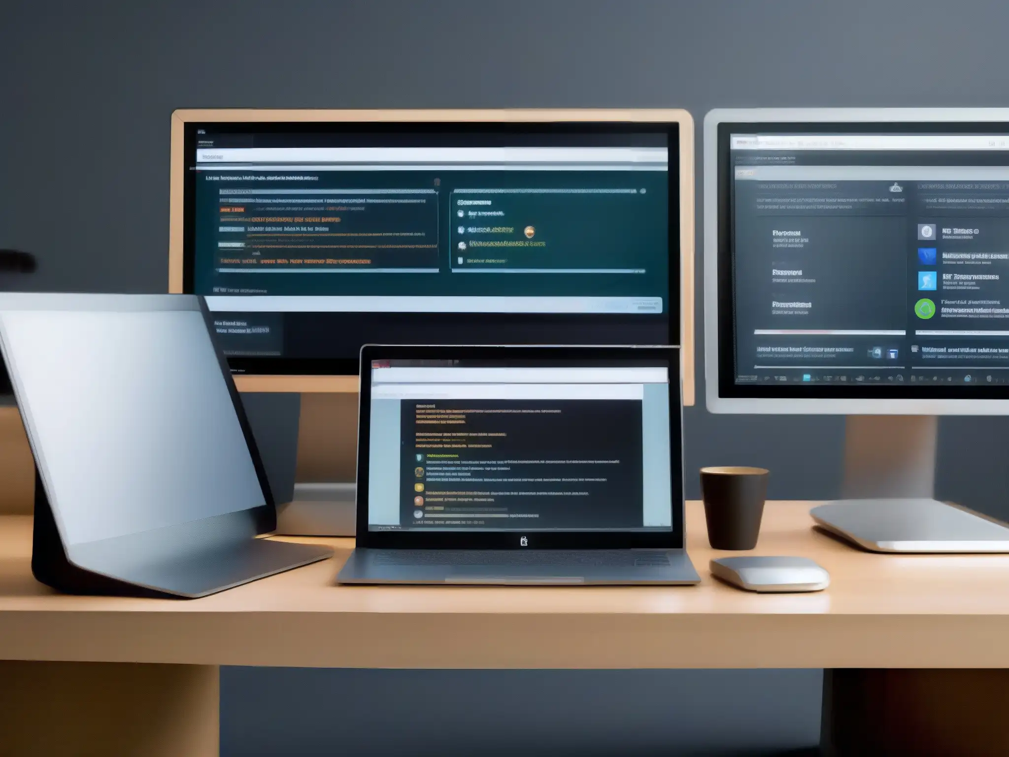 Interfaz sleek y profesional de Blackboard, Canvas y Zoom Comparativa de compatibilidad de sistemas para educación virtual con interfaces de Blackboard, Canvas y Zoom en tres pantallas de ordenador