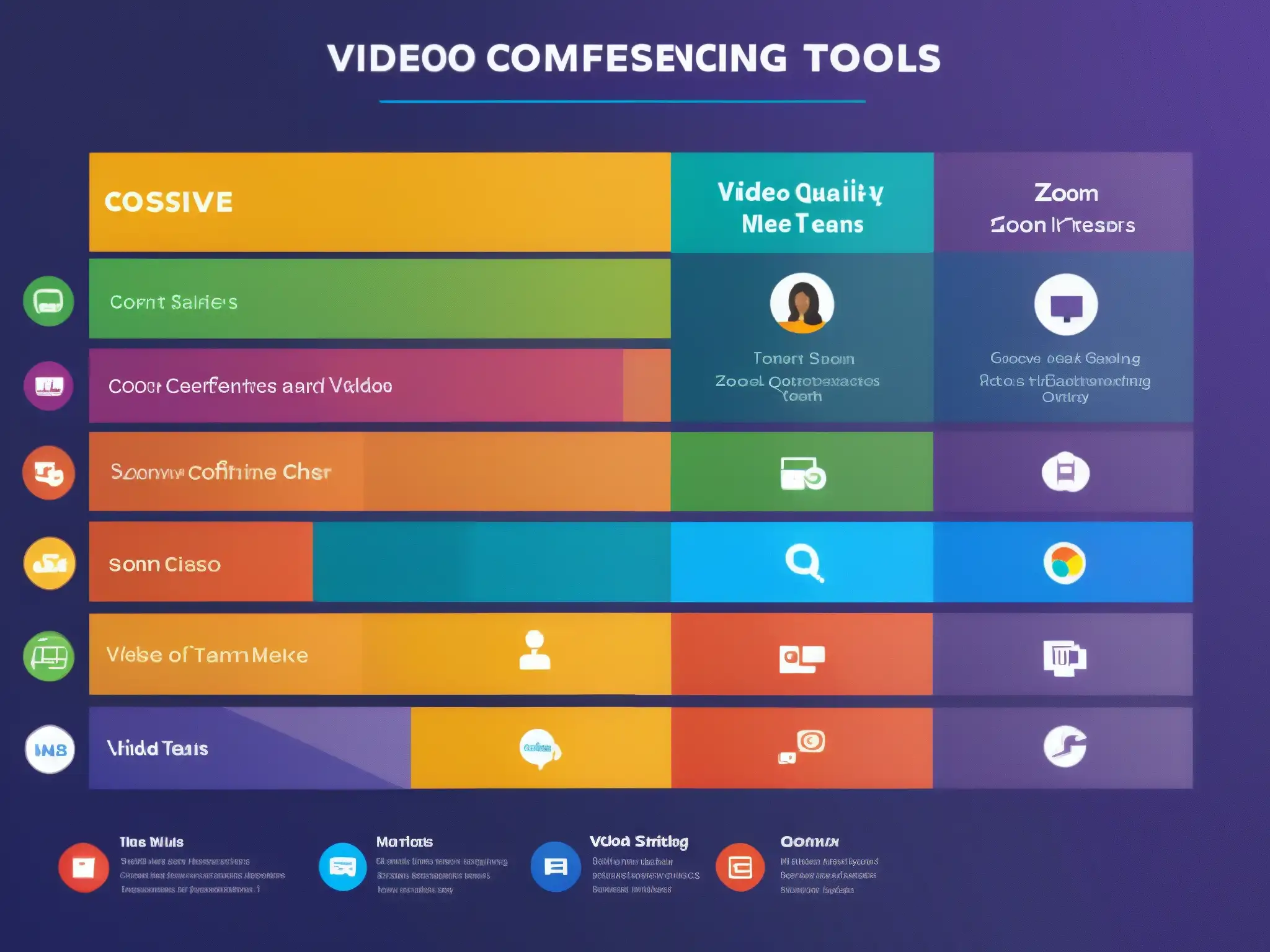Comparativa moderna de videoconferencia: Zoom vs Una comparativa competitiva de herramientas de videoconferencia con diseño moderno y vibrante, incluyendo Zoom, Microsoft Teams, Google Meet y Cisco Webex