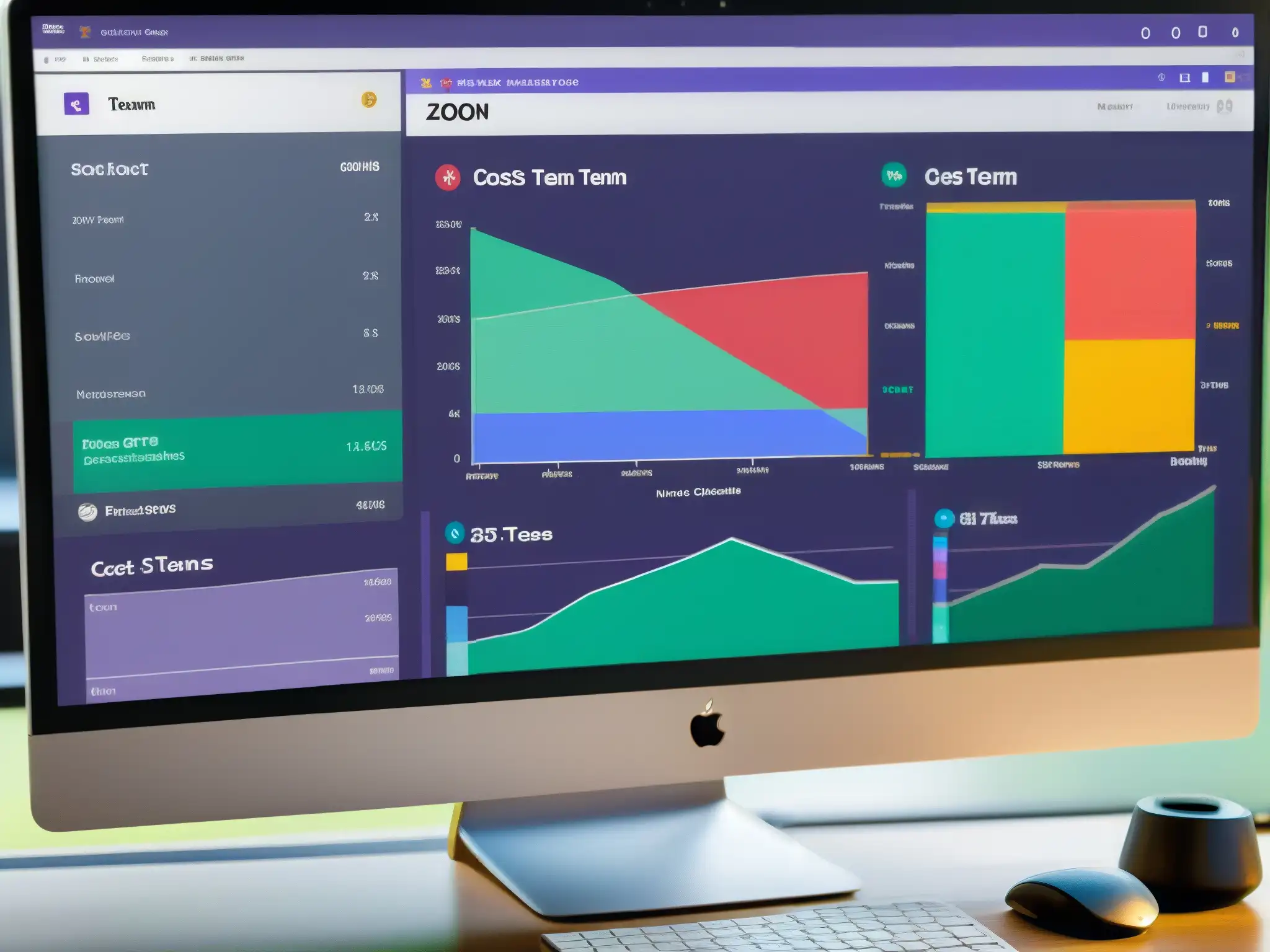 Comparativa detallada de costos: Zoom vs Una comparativa detallada de costos entre Zoom y Microsoft Teams, con gráficos coloridos y visualizaciones de datos