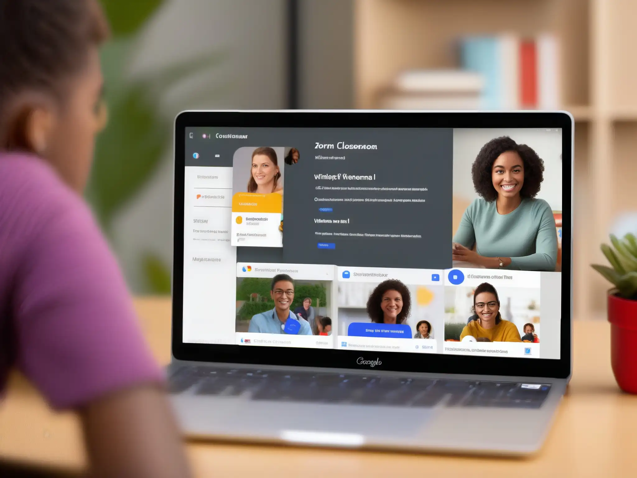 Clase virtual: Zoom y Google Classroom en acción Una comparativa detallada entre Zoom y Google Classroom mostrando una clase virtual dinámica y profesional