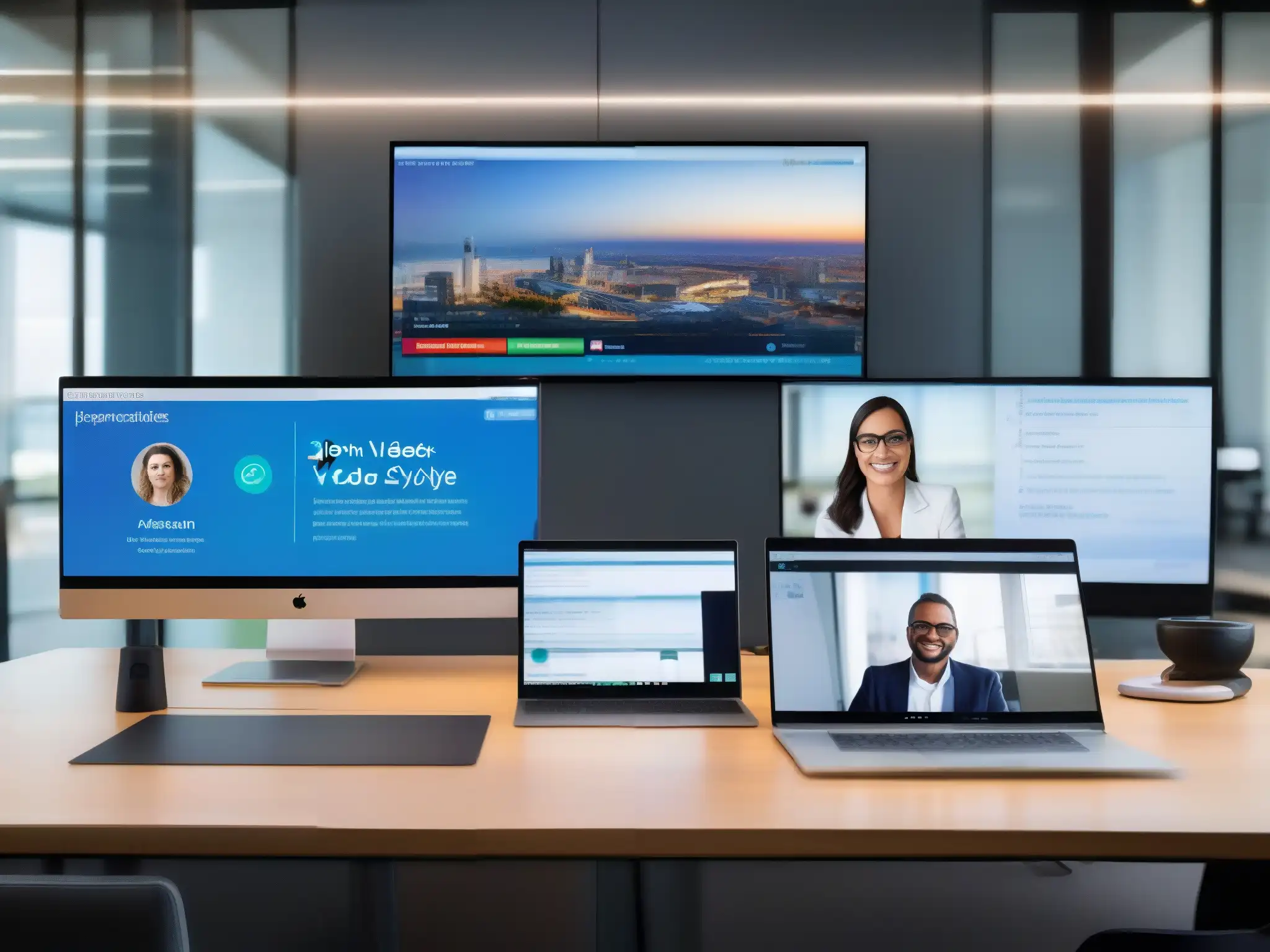 Comparativa de Seguridad en Plataformas de Videoconferencia Comparativa de estándares de seguridad en videoconferencia con interfaces de Zoom, Skype, Teams y Webex en elegante entorno de oficina moderna
