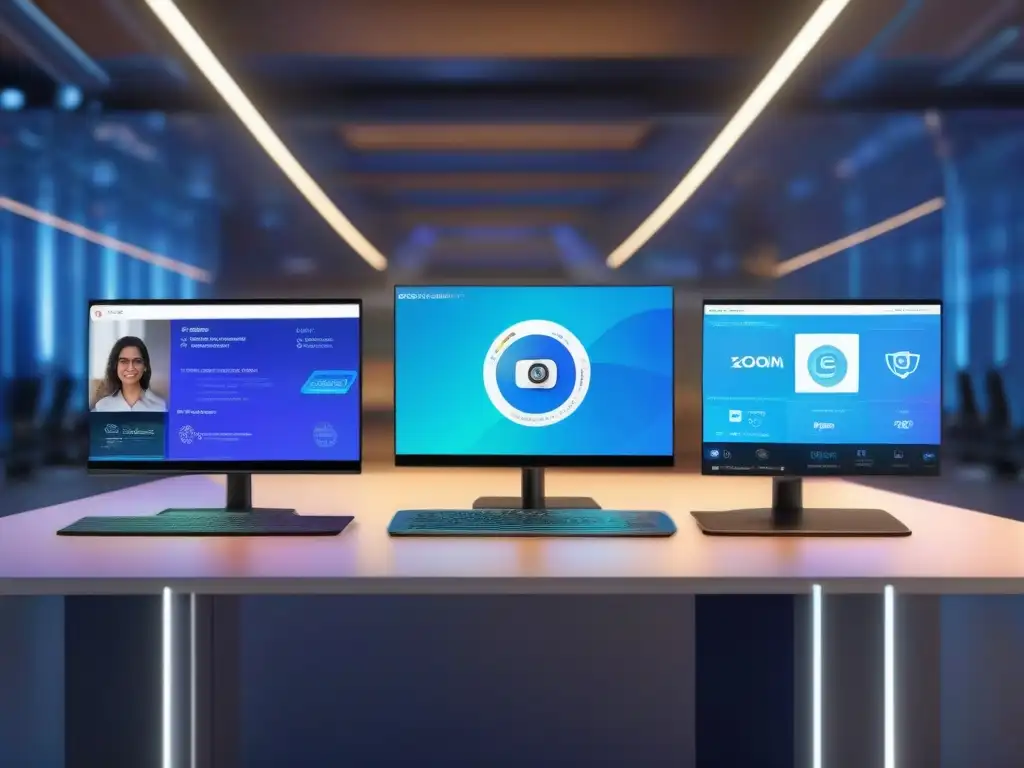 Comparativa detallada de seguridad en plataformas de videoconferencia Comparativa estándares seguridad videoconferencia: Pantallas de Zoom, Skype, Teams y Webex muestran detalles de seguridad en entorno futurista