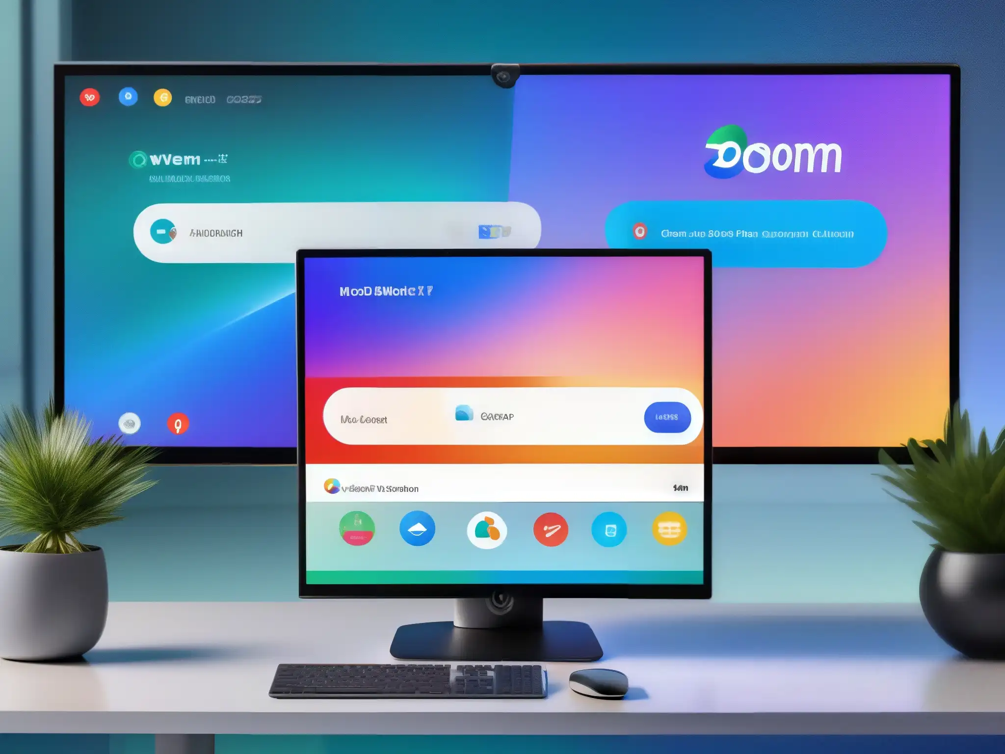 Plataformas de Videoconferencia: Zoom, Google Meet, Webex Comparativa facilidad de uso videoconferencia: Tres interfaces de Zoom, Google Meet y Webex en pantallas futuristas con colores calmantes