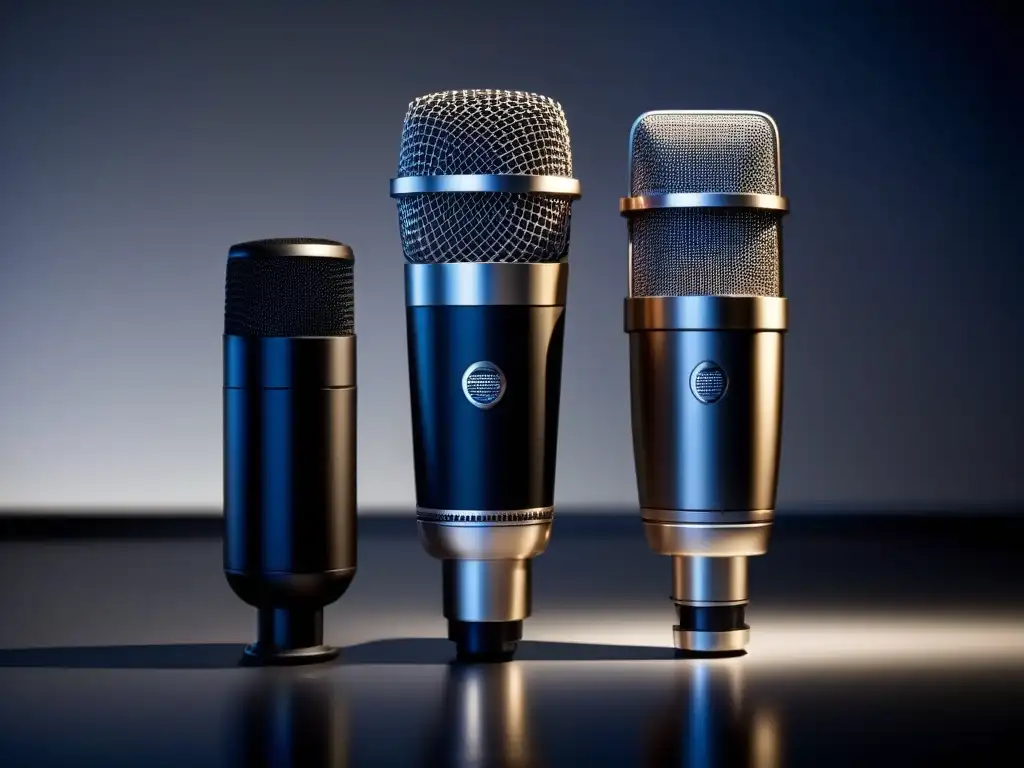 Microfonía de alta gama: detalle y elegancia Comparativa fidelidad audio videoconferencia: Tres micrófonos de alta gama en una superficie reflectante, iluminados con detalle y elegancia