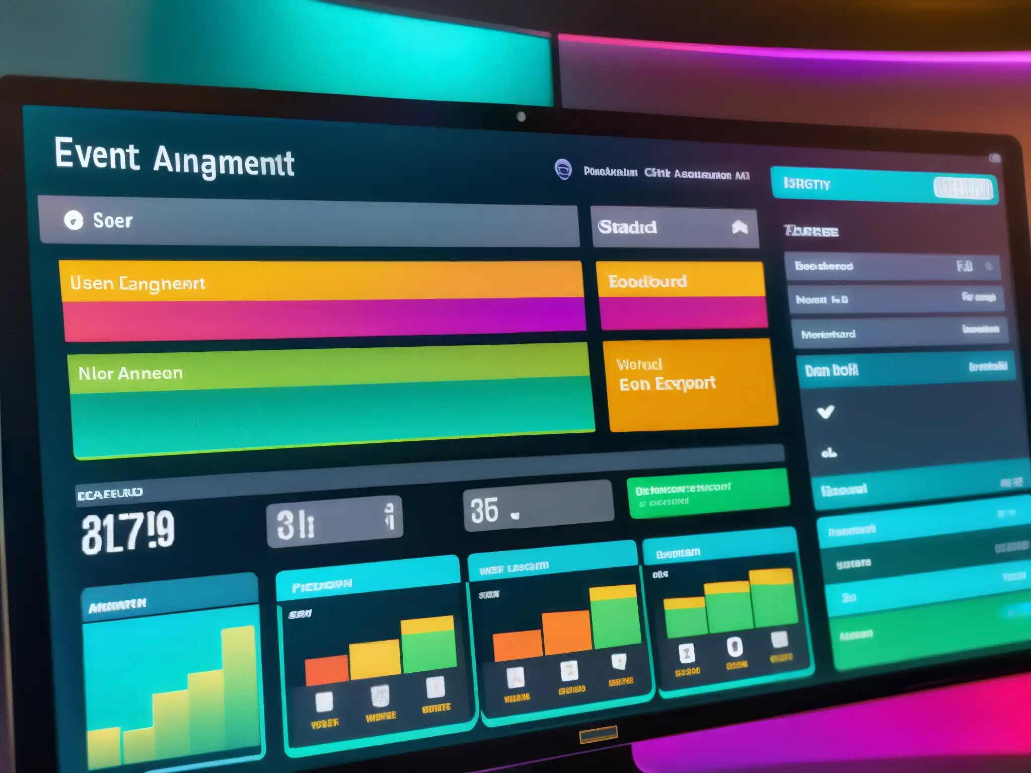 Panel de control virtual: Analíticas en tiempo real y seguridad avanzada Comparativa gestión eventos en línea: panel de control virtual con diseño moderno y analíticas en tiempo real en interfaz futurista holográfica