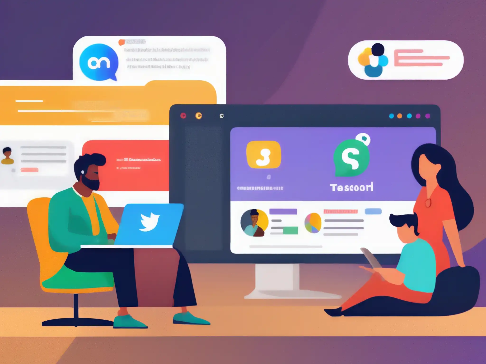 Colaboración profesional: Discord y Slack en acción Comparativa herramientas comunicación online: Profesionales colaborando en Discord y Slack, comunicación efectiva y colaboración profesional