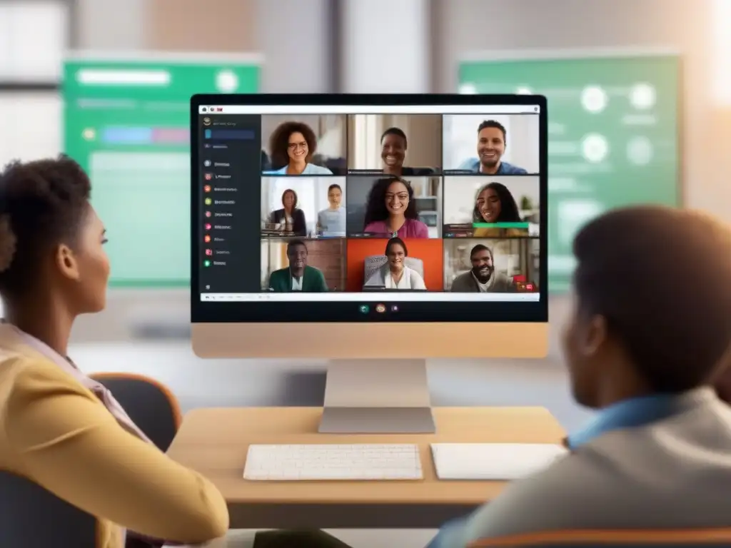 Clase virtual interactiva en Zoom para educación a distancia Comparativa herramientas videoconferencia educación distancia: Profesor y alumnos participando en una clase virtual interactiva a través de Zoom