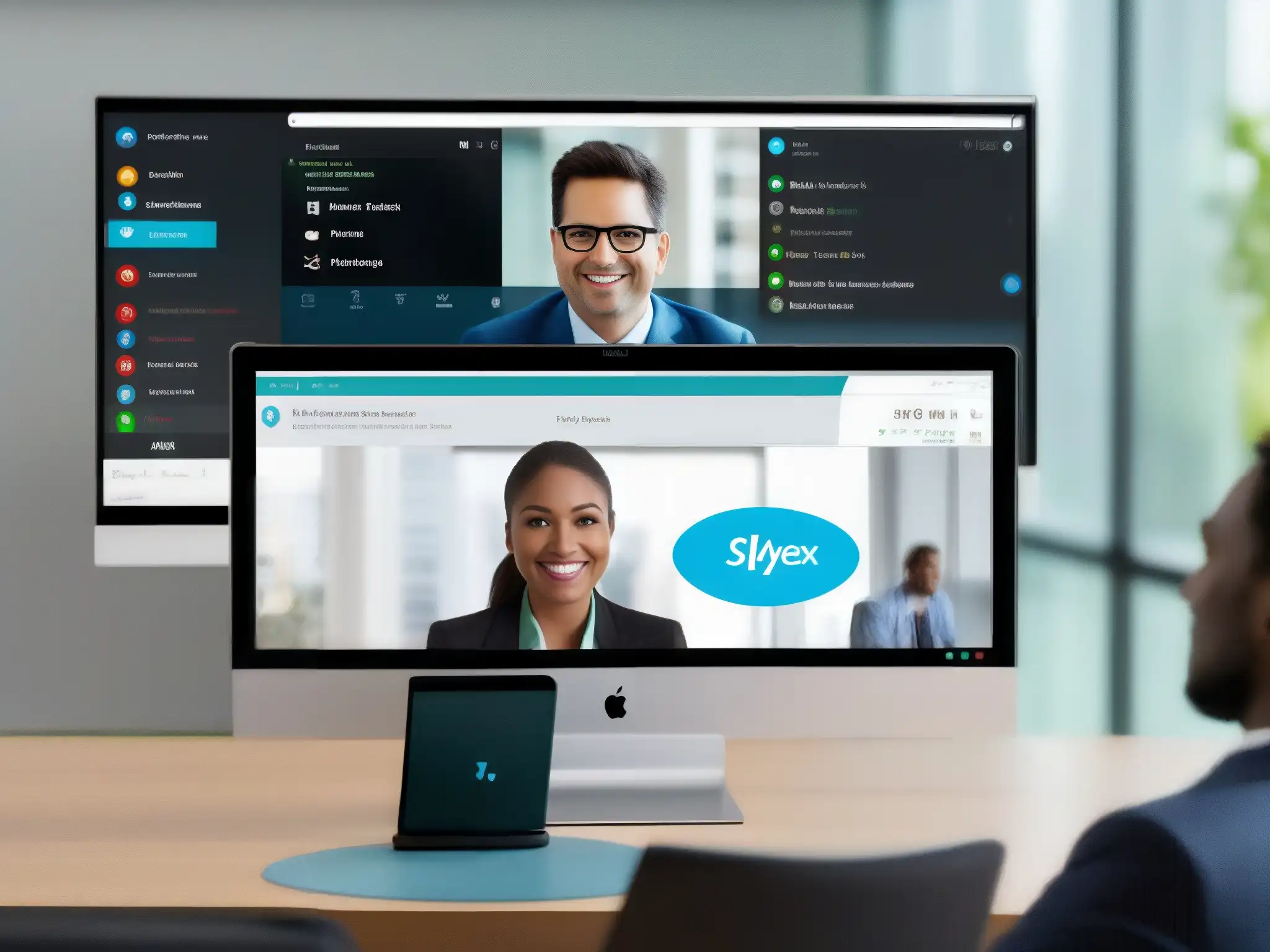 Comparación Webex vs Comparativa herramientas videoconferencia corporativas: Detalle de interfaces Webex y Skype for Business, destacando diseño y funcionalidades