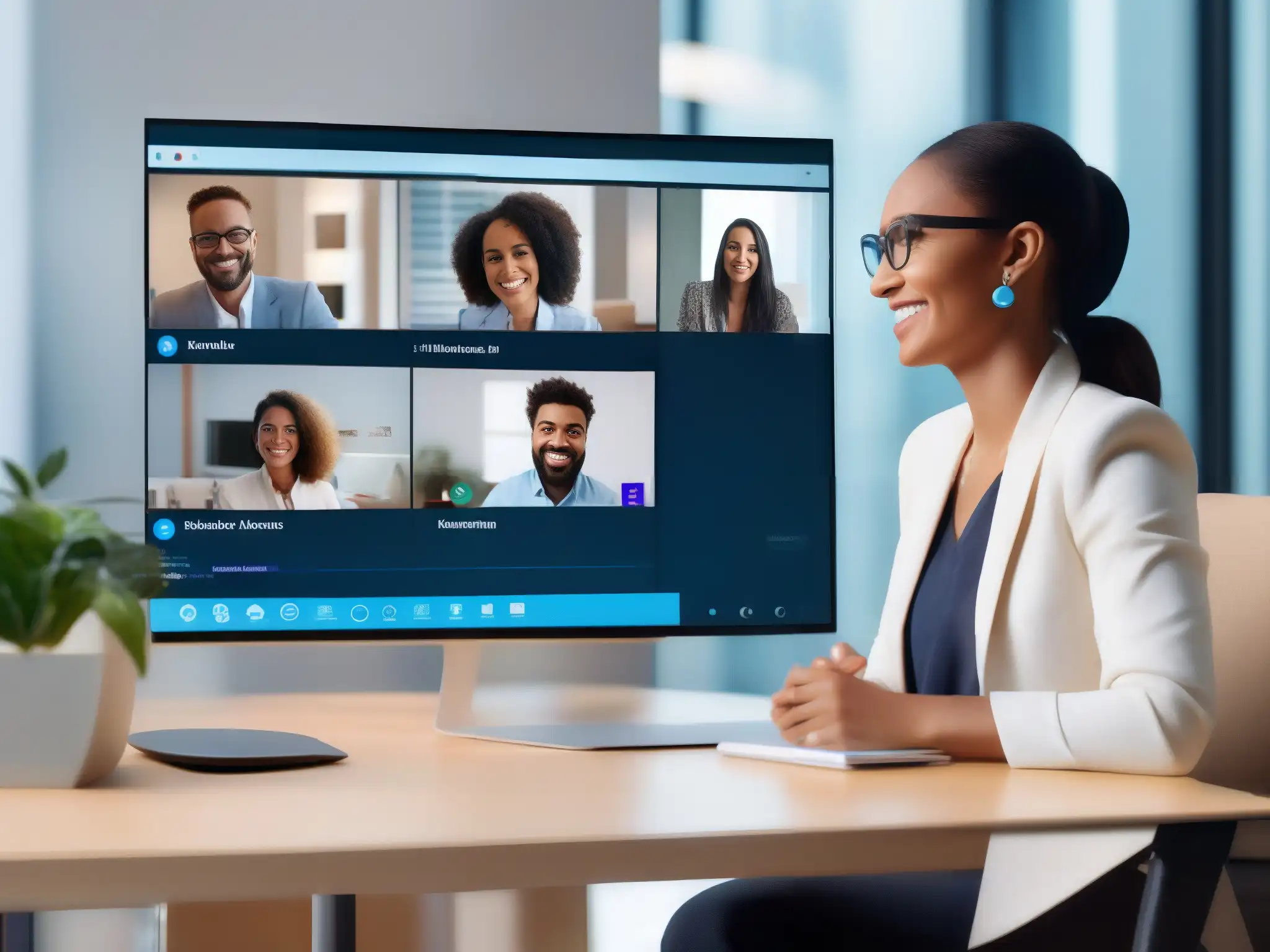Comparación Zoom vs Comparativa herramientas videoconferencia 2023: Detallada imagen 8k de una videollamada en pantalla dividida entre una reunión profesional en Zoom y un seminario educativo en Skype, con participantes comprometidos y calidad de video de alta definición
