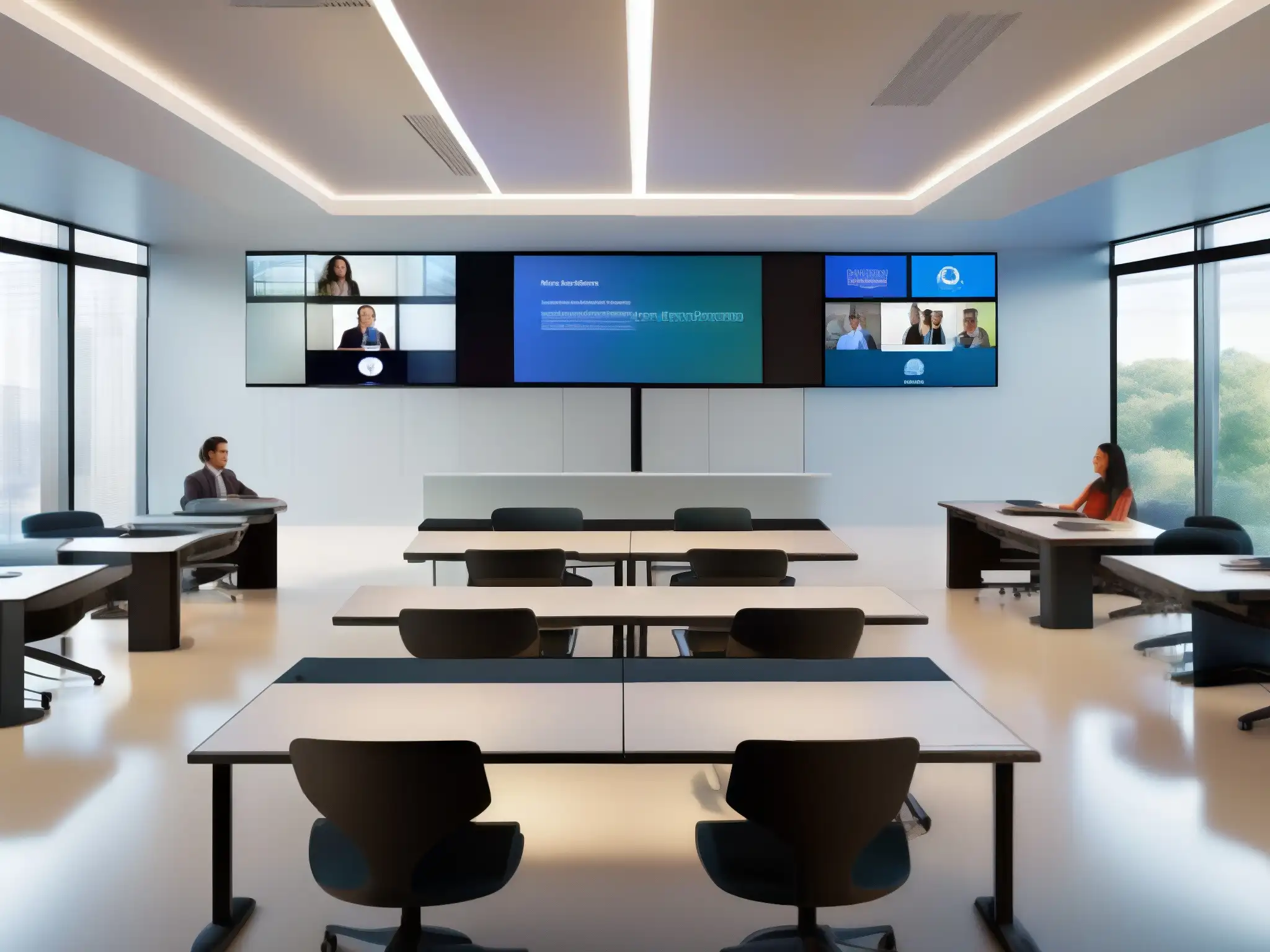 Aula virtual futurista: tecnología educativa y aprendizaje dinámico Comparativa herramientas videoconferencia docentes online en aula virtual futurista con tecnología avanzada y dinámica educativa en ambiente luminoso