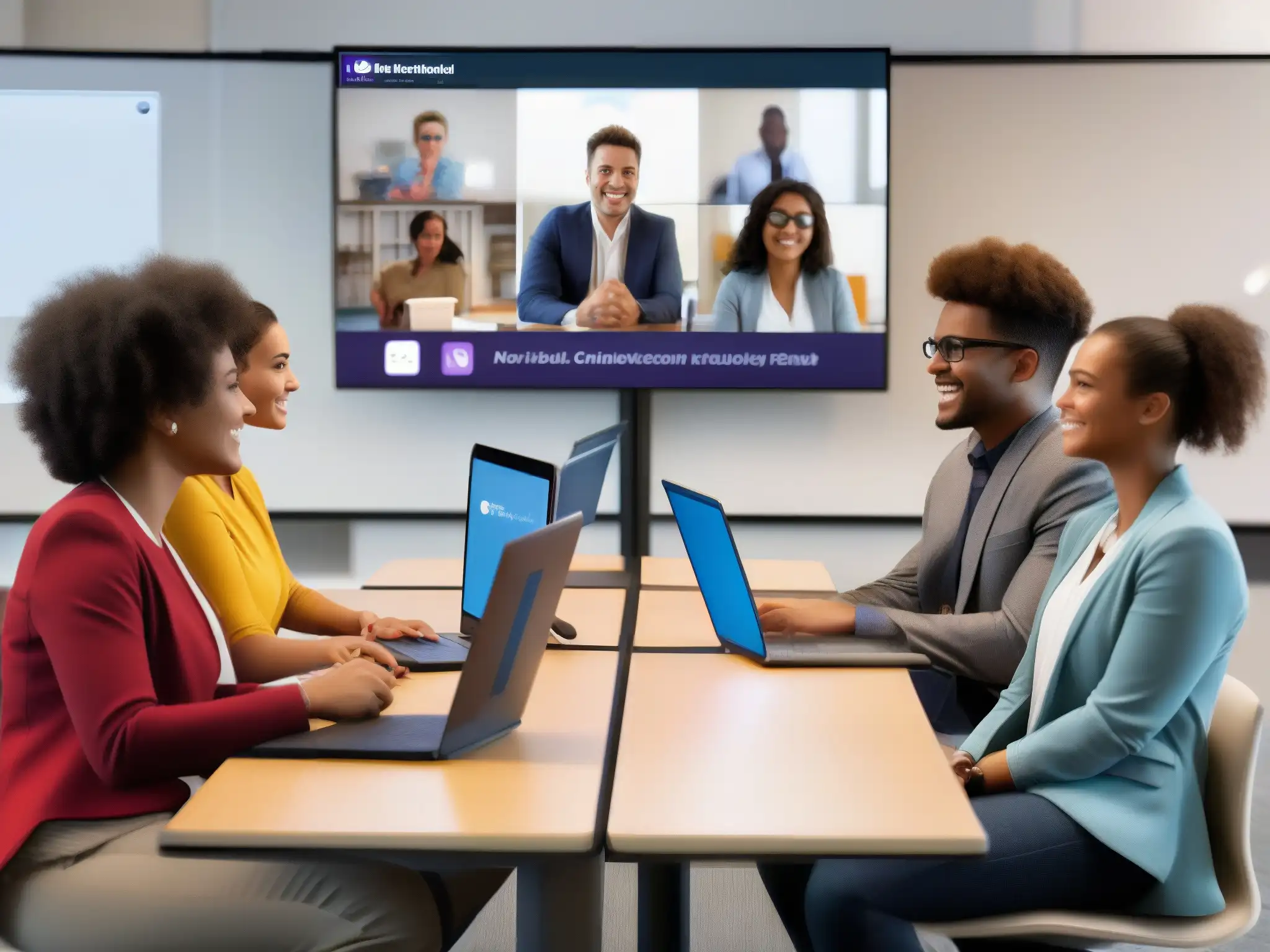 Clase virtual dinámica: estudiantes y maestro participando activamente Una comparativa de herramientas de videoconferencia educativa con estudiantes y maestro participando en un aula virtual moderna y profesional