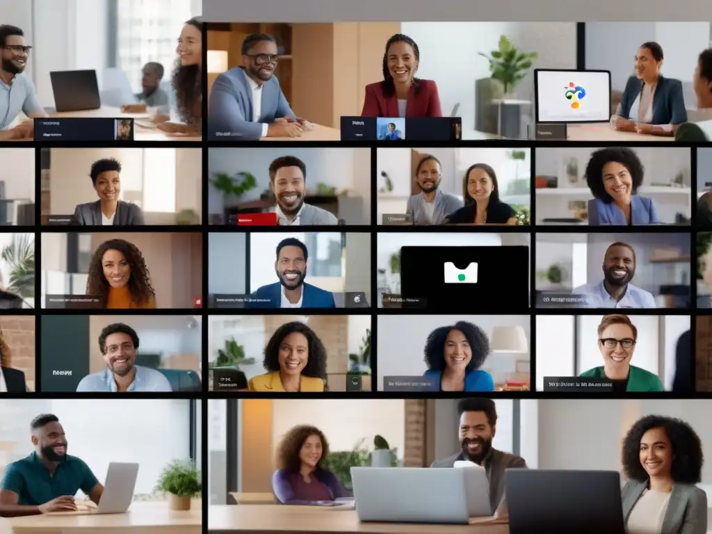Profesionales en videoconferencia: Google Meet y Microsoft Teams en acción Comparativa herramientas videoconferencia colaboración equipo: Profesionales en videoconferencia, expresiones diversas, entornos de trabajo versátiles