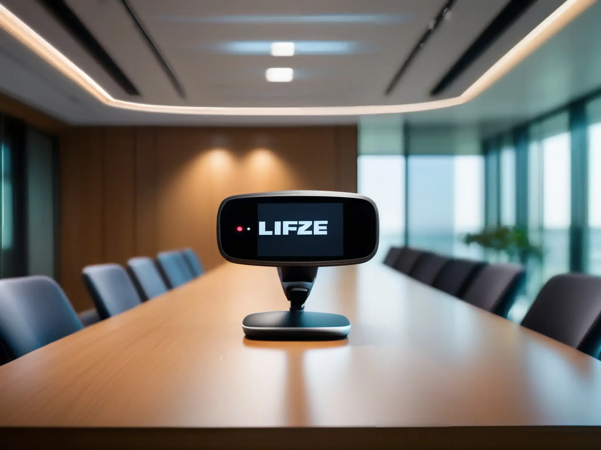 Cameras de Videoconferencia de Última Generación en Sala Futurista Comparativa herramientas videoconferencia hospitalidad: Dos cámaras de videoconferencia de alta tecnología, Lifesize y Zoom, en una sala con diseño minimalista y luz natural