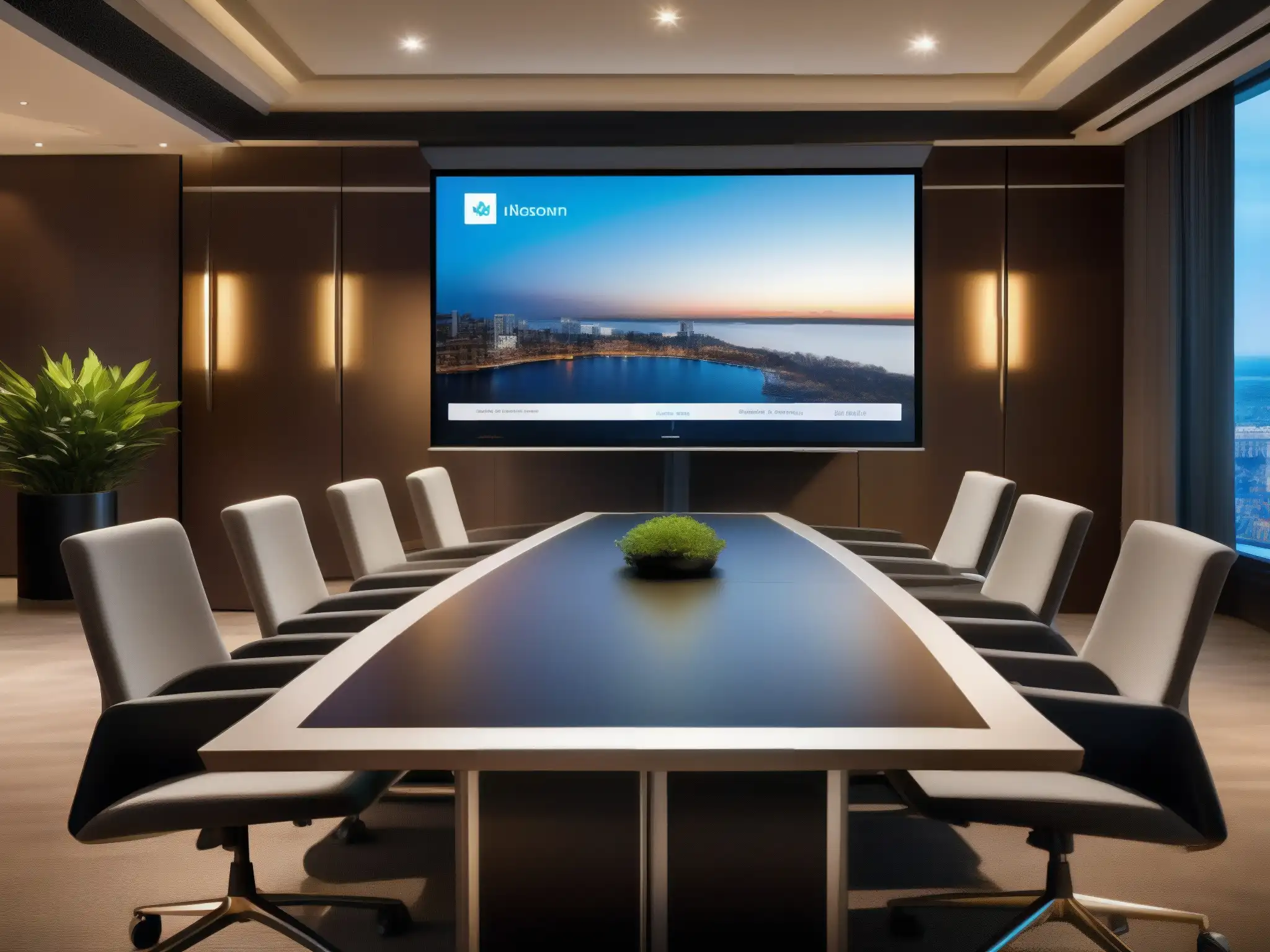 Sala de conferencias de hotel con tecnología de video de alta gama Comparativa de herramientas de videoconferencia para la hospitalidad en una elegante sala de reuniones de hotel con tecnología moderna y sofisticada