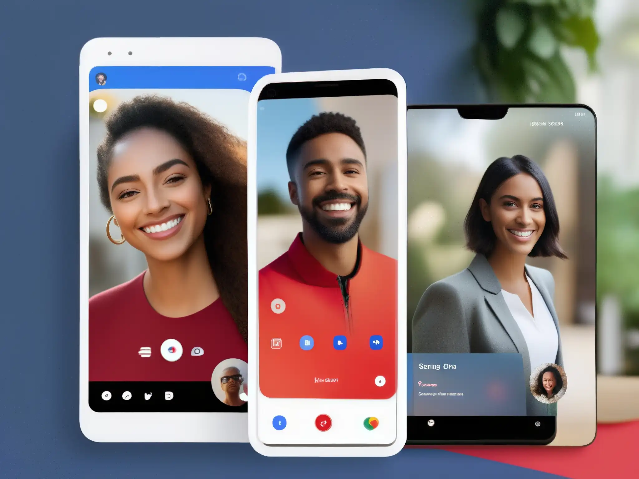 Comparación Google Duo vs Google Meet: Diseño y Funcionalidad Comparativa de herramientas de videoconferencia Google: interfaces vibrantes de Google Duo y Meet, en azul y verde, para audiencia profesional y educativa