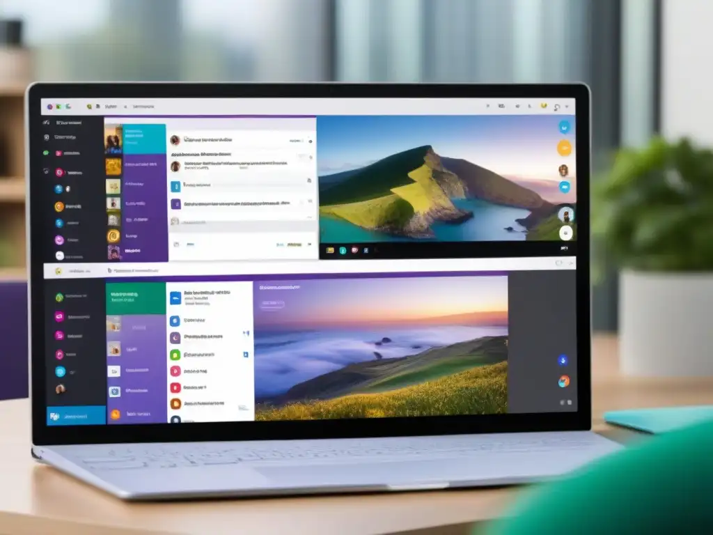 Comparativa visual: Slack vs Comparativa de herramientas de videoconferencia: interfaces modernas y amigables de Slack y Microsoft Teams en pantalla dual