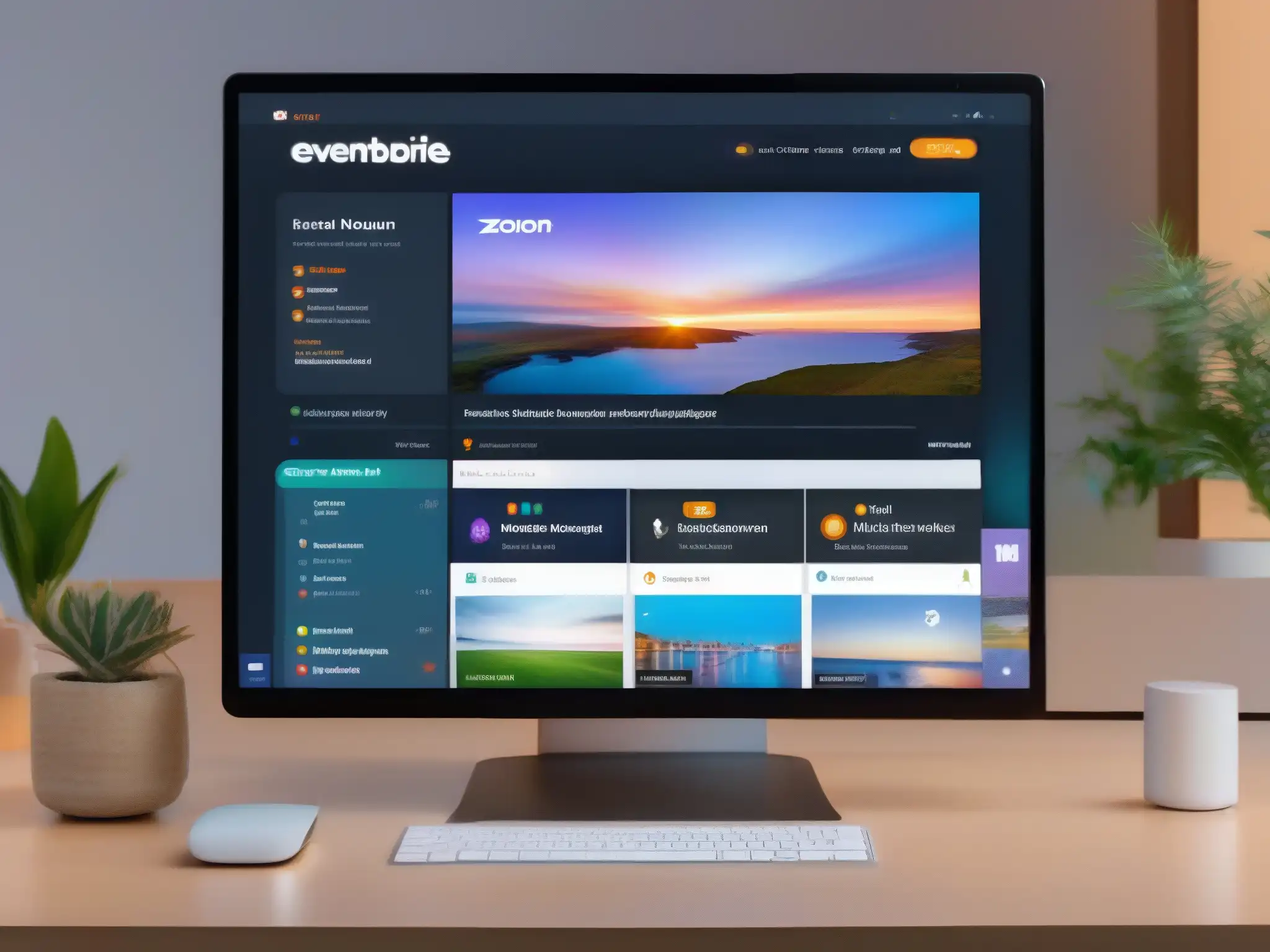 Comparativa de herramientas de videoconferencia en moderno entorno profesional con pantallas de Eventbrite y Zoom Webinar