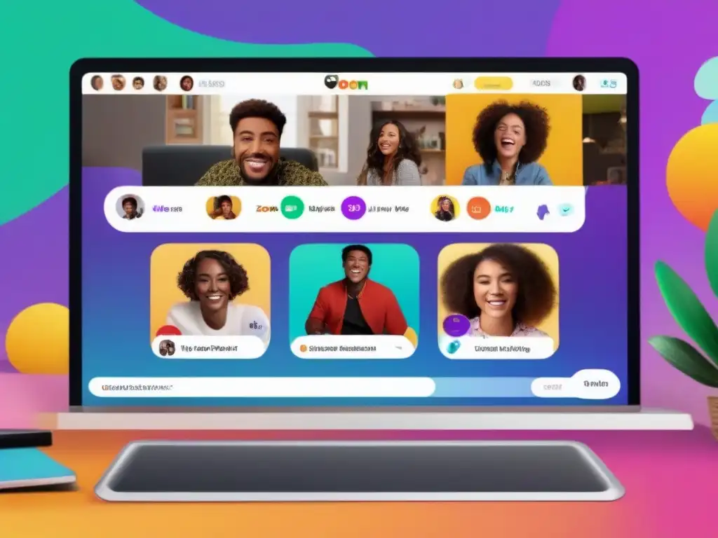 Vida social y profesional: Houseparty vs Zoom Comparativa herramientas videoconferencia online: Persona usa Houseparty y Zoom simultáneamente, mostrando versatilidad social y profesional