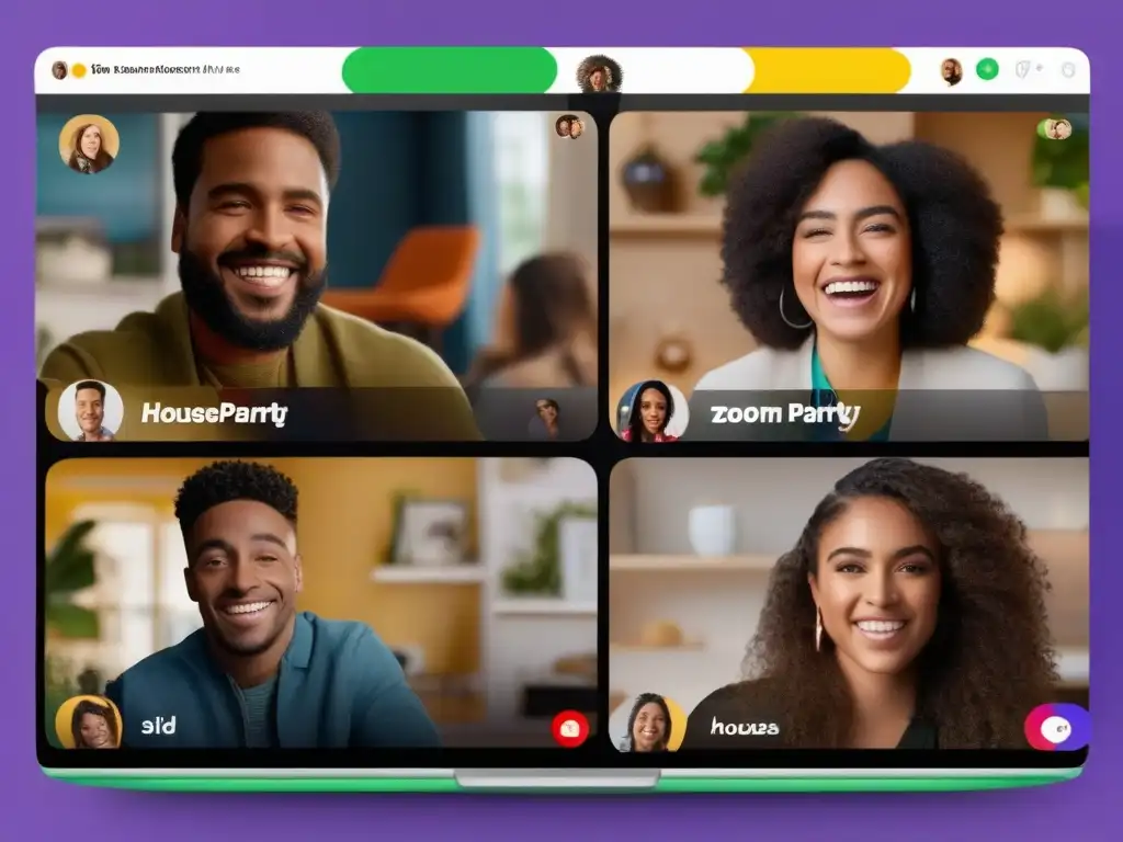 Comparación interactiva: Houseparty vs Comparativa herramientas videoconferencia online: Contraste entre Houseparty y Zoom, social vs profesional, dinámico vs enfocado