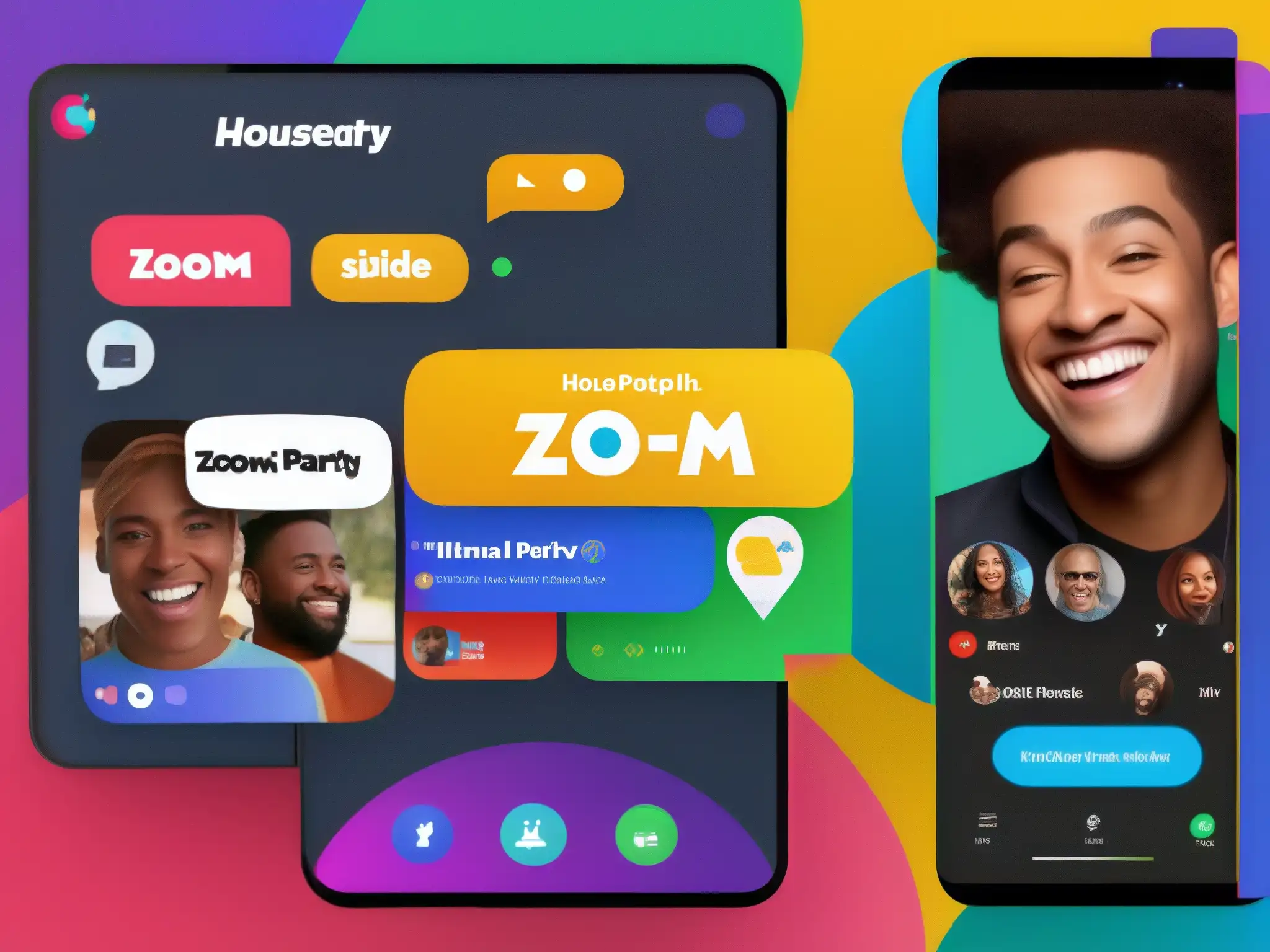 Houseparty vs Zoom: Contraste de Plataformas Comparativa herramientas videoconferencia online: Contraste entre la vibrante interfaz de Houseparty y la profesional de Zoom