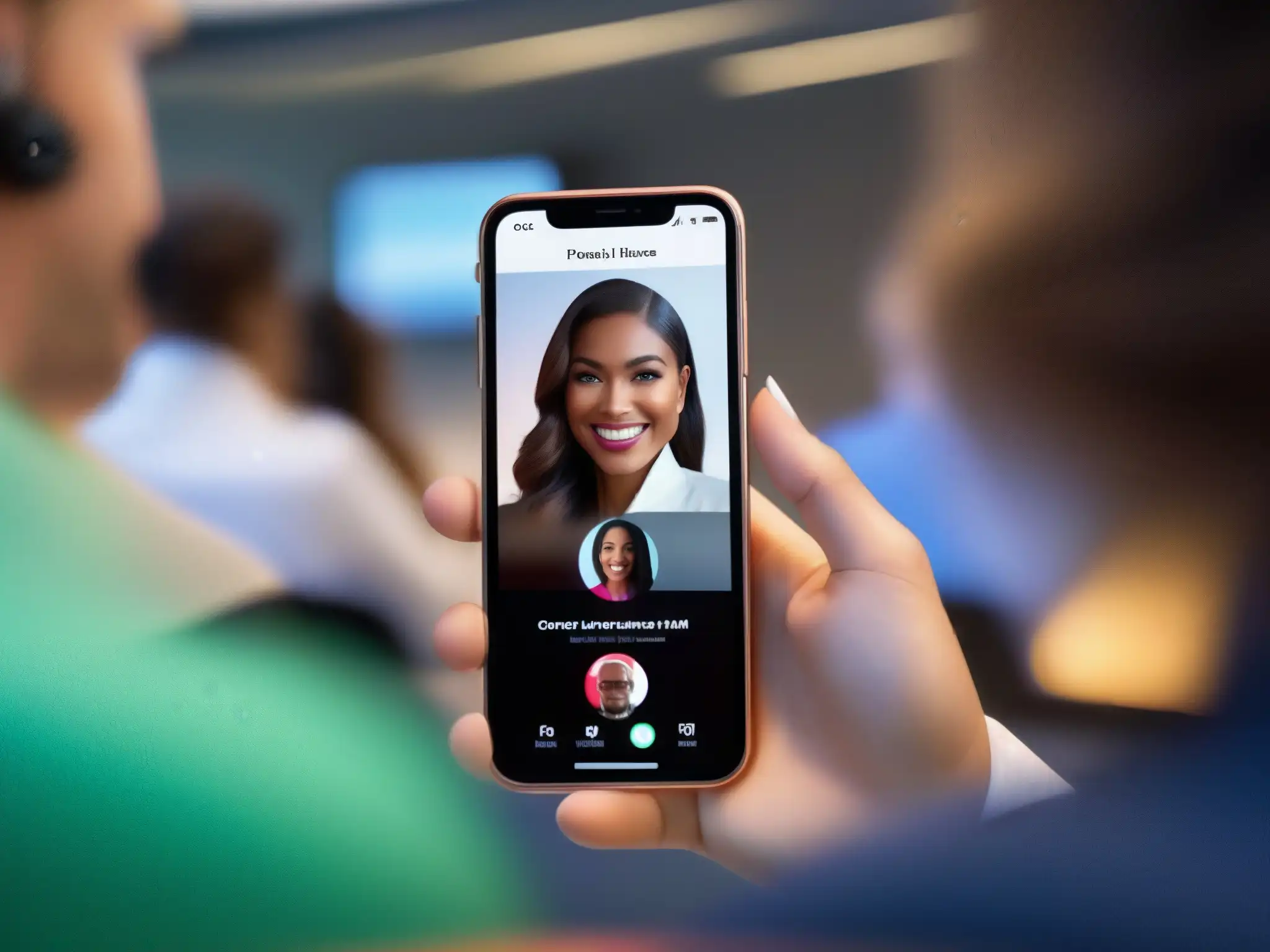 Video llamada de FaceTime con calidad profesional y ambiente moderno Comparativa herramientas videoconferencia iOS: Pantalla de iPhone con video llamada en alta calidad y ambiente profesional