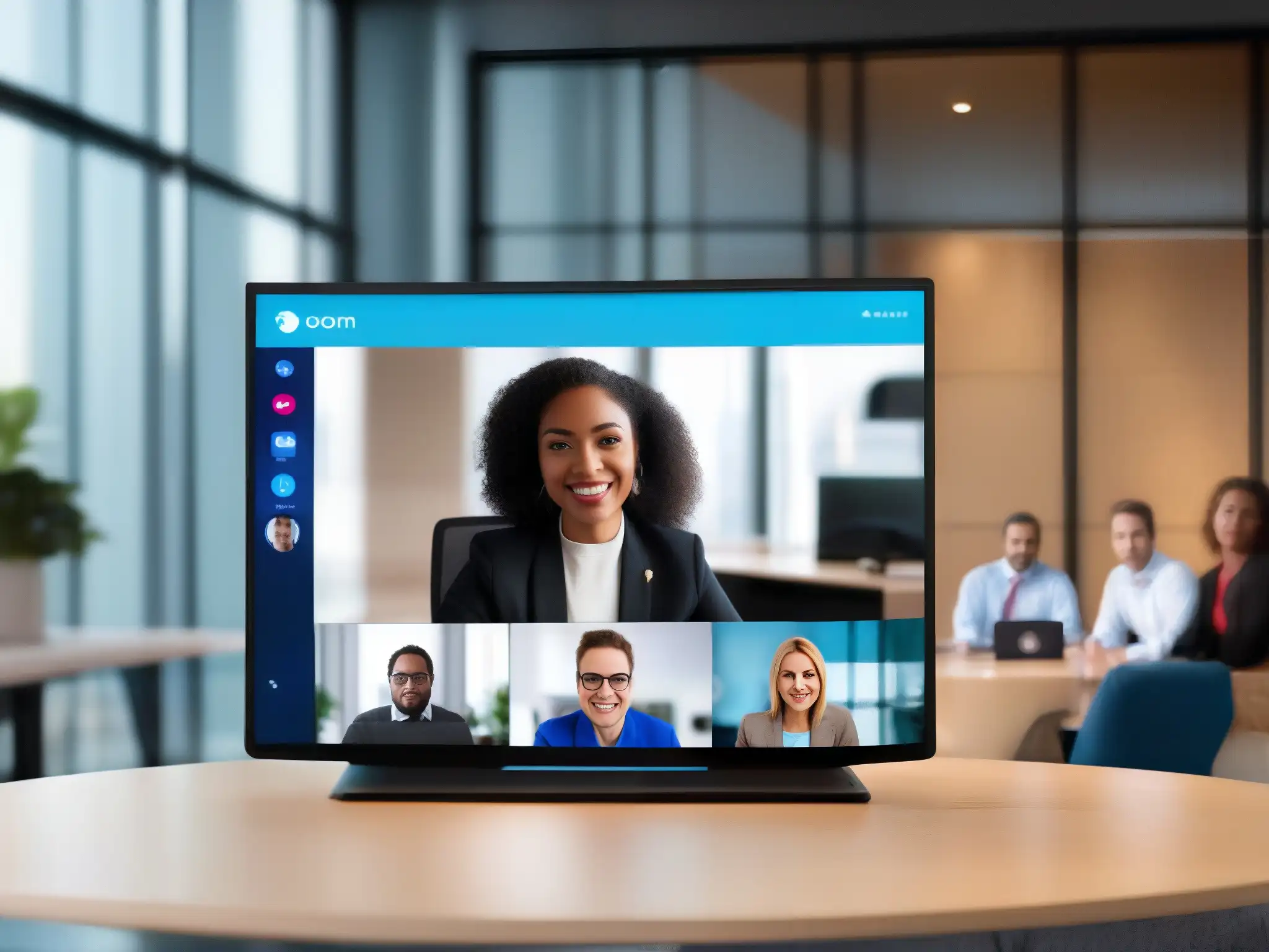 Reunión virtual productiva y profesional en Zoom y Skype Comparativa herramientas videoconferencia 2023: Profesional reunión en Zoom y Skype con oficina y sala de conferencias virtuales