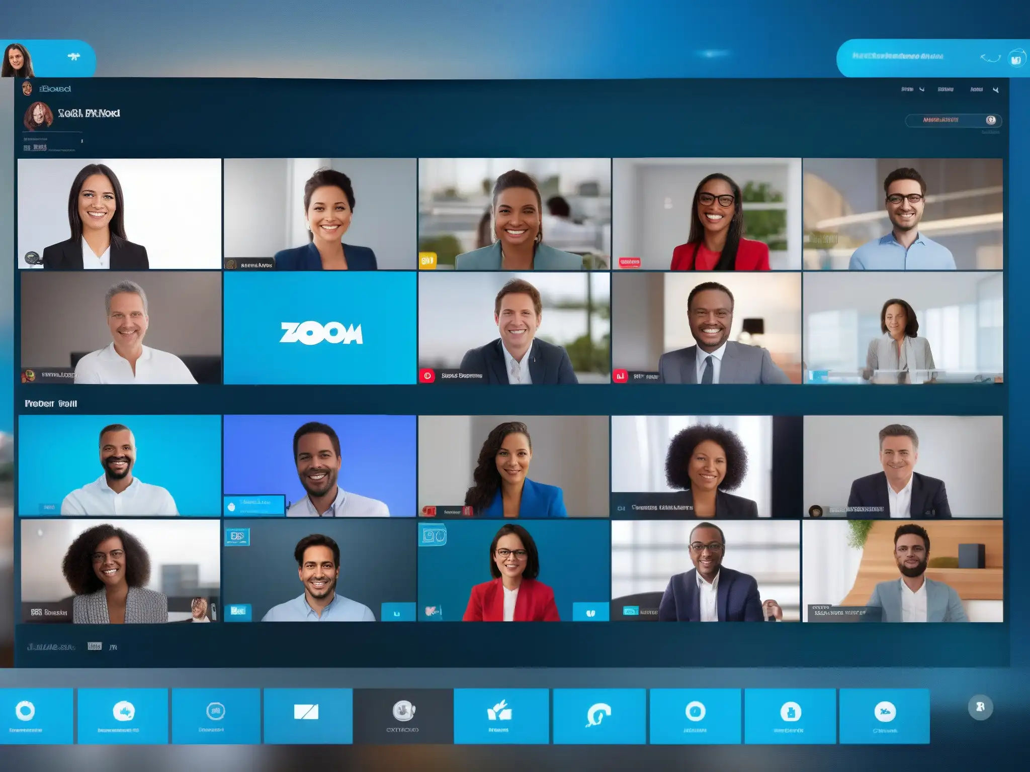 Videoconferencia Profesional en Skype y Zoom Comparativa herramientas videoconferencia profesionales: Escenas futuristas de videoconferencias en Skype y Zoom con ambiente profesional y eficiente