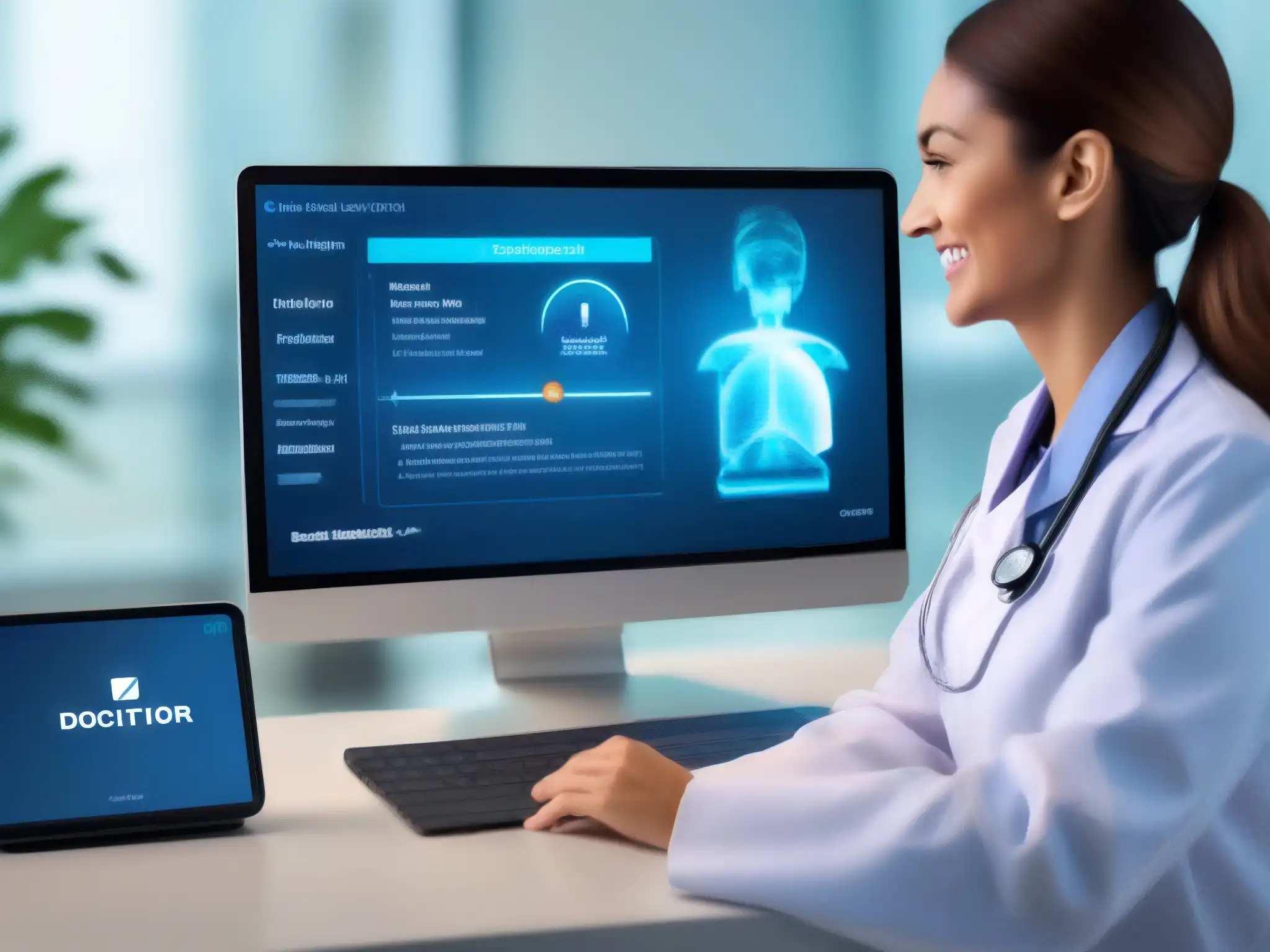 Consulta médica virtual: modernidad y profesionalismo Comparativa herramientas videoconferencia profesionales salud: Doctor y paciente en videoconsulta con plataforma de telemedicina moderna y profesional