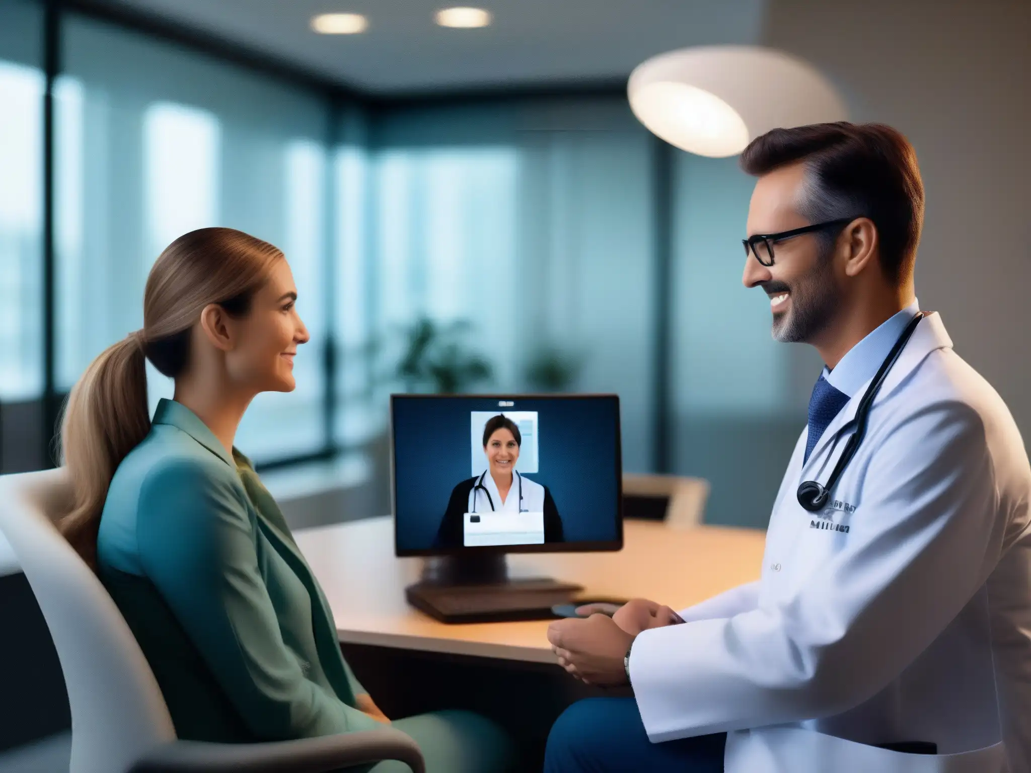 Doctor en telemedicina consultando con paciente 'Comparativa herramientas videoconferencia profesionales salud: Doctor realiza consulta telemedicina con paciente en moderna oficina iluminada