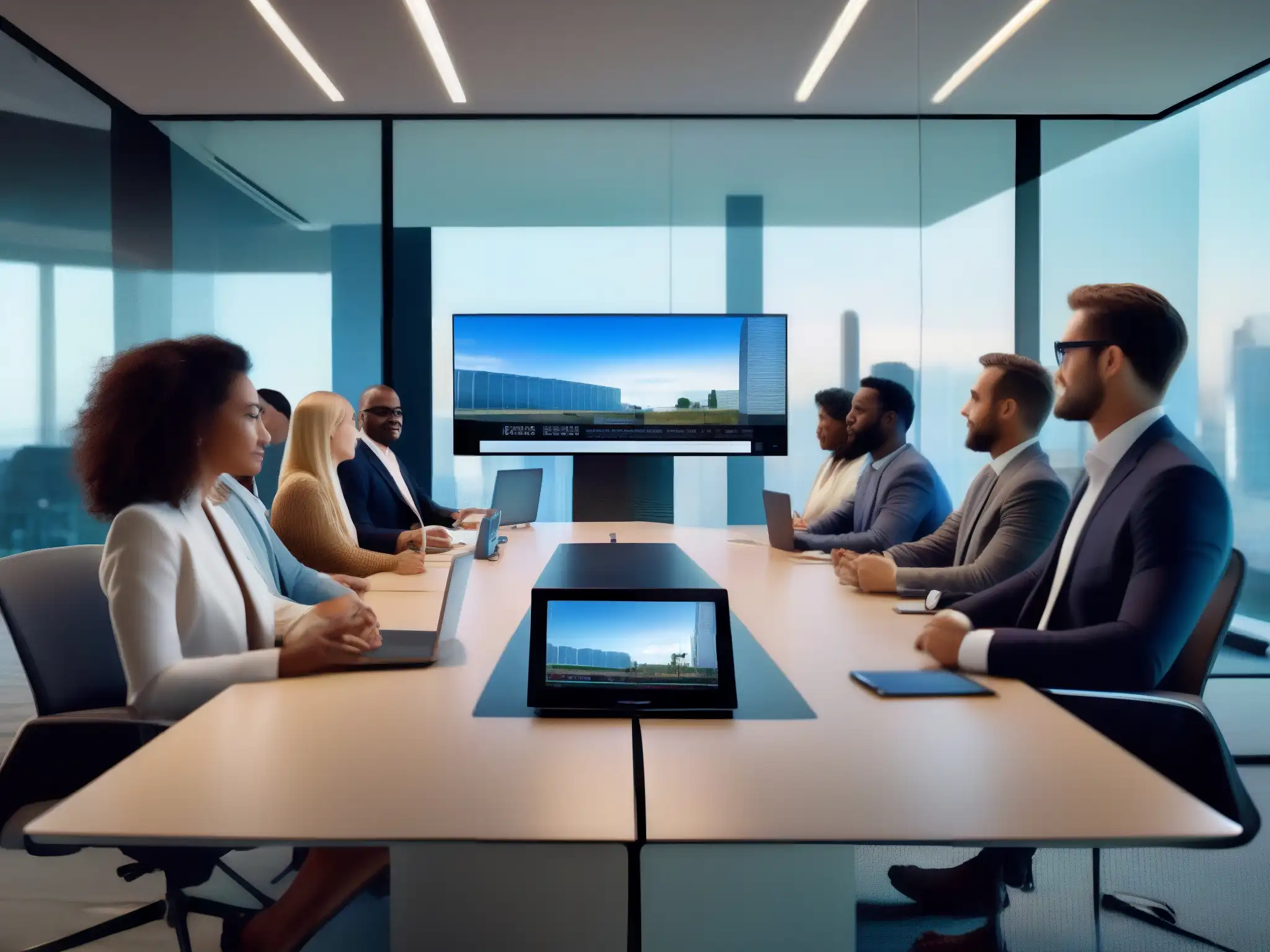 Videoconferencia de alta definición en espacio de oficina moderno Comparativa de herramientas de videoconferencia 5G: profesionales en una reunión virtual de alta definición en una oficina moderna y luminosa