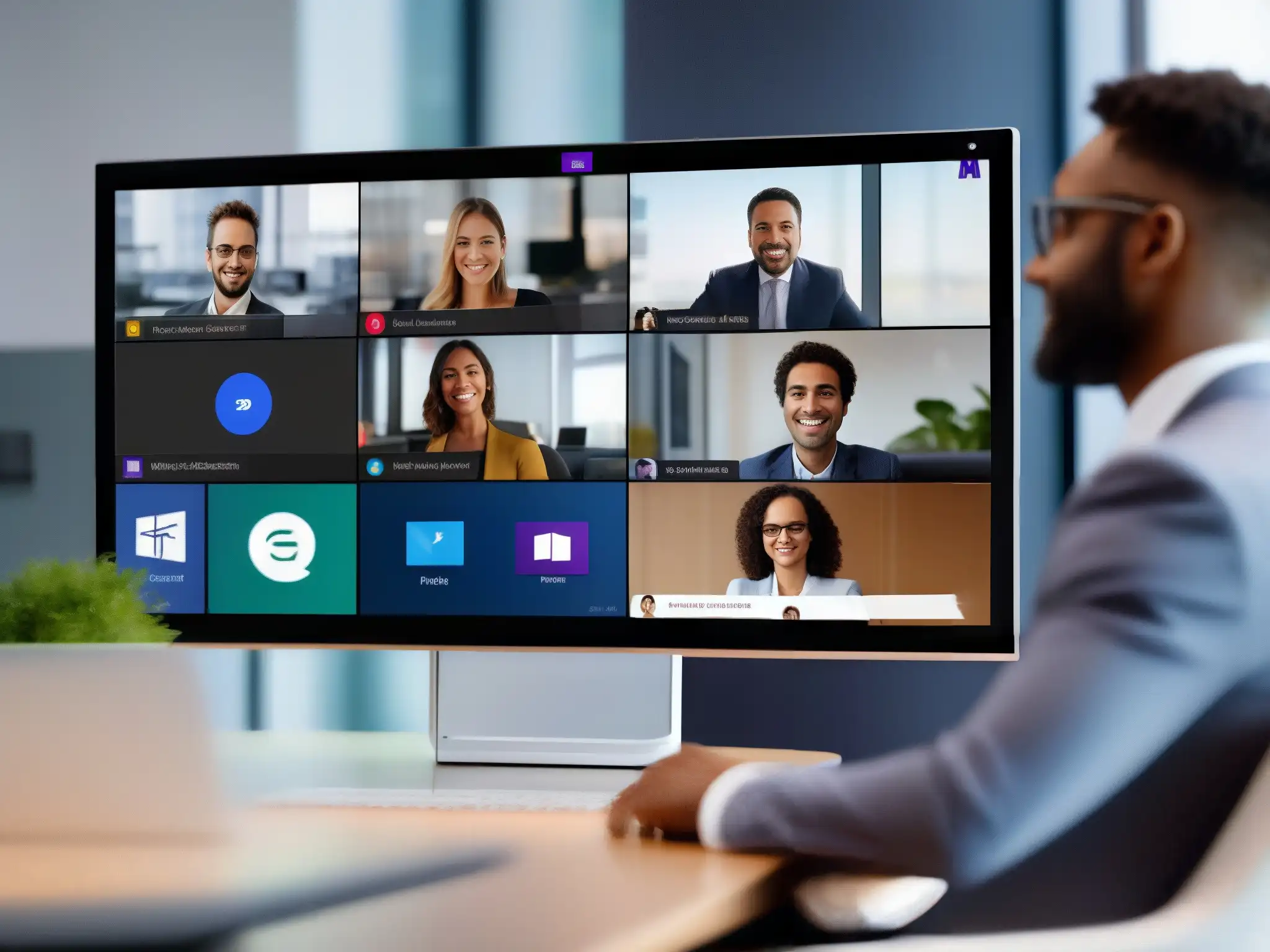 Comparativa 8k: Zoom vs Comparativa herramientas videoconferencia profesionales: Imagen nítida en 8K de Zoom y Microsoft Teams en una pantalla dividida, mostrando una reunión de negocios con interfaces claras y modernas