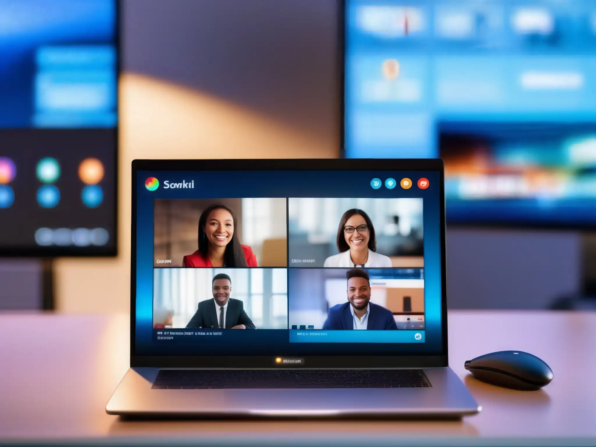 Comparativa de Plataformas de Videoconferencia Comparativa de herramientas de videoconferencia para PYMES: dos pantallas nítidas muestran plataformas con colores vibrantes y texto claro