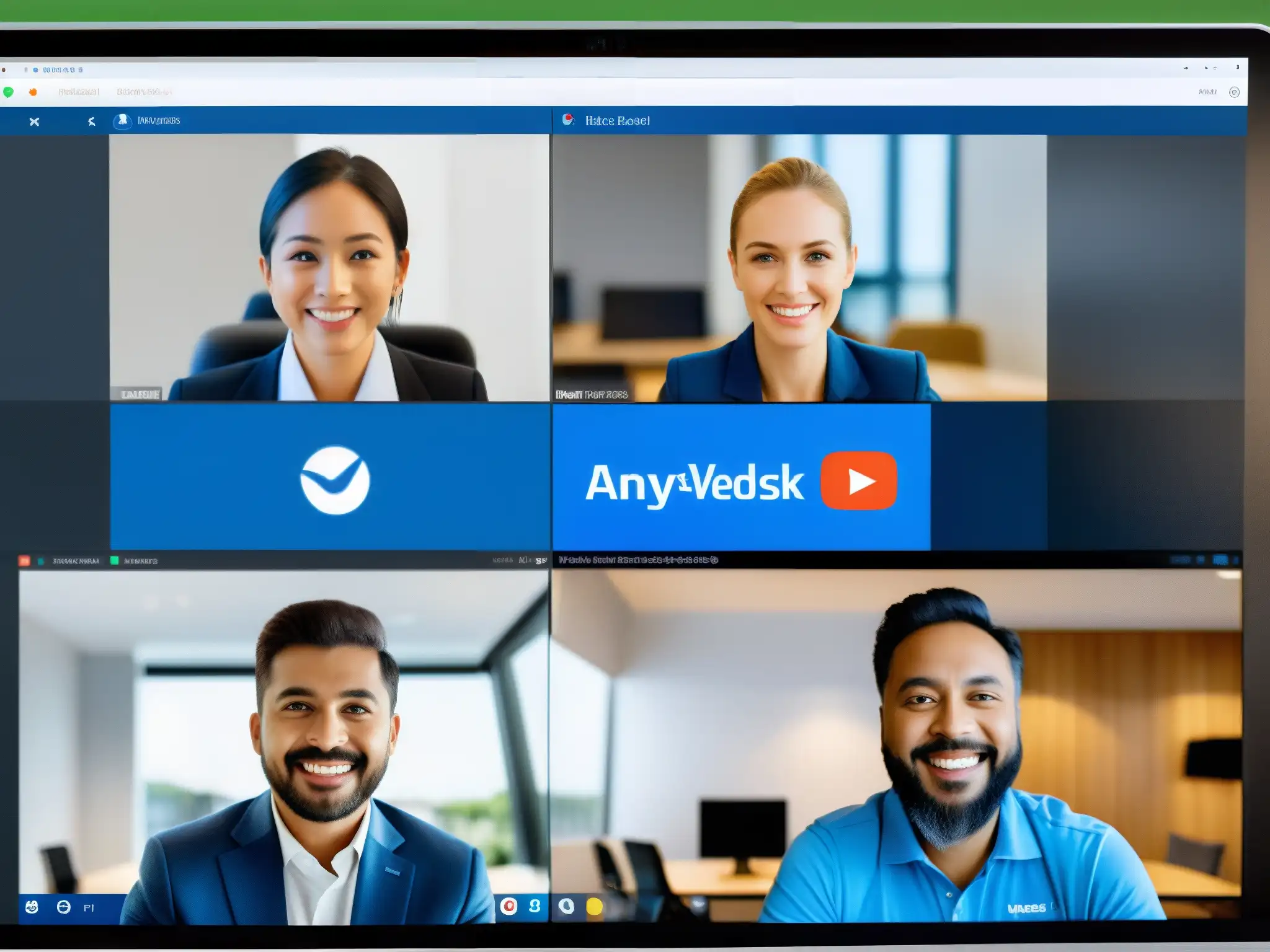 Conferencia técnica remota con TeamViewer y AnyDesk Comparativa herramientas videoconferencia remoto: Pantallas de TeamViewer y AnyDesk en videoconferencia remota con soporte técnico
