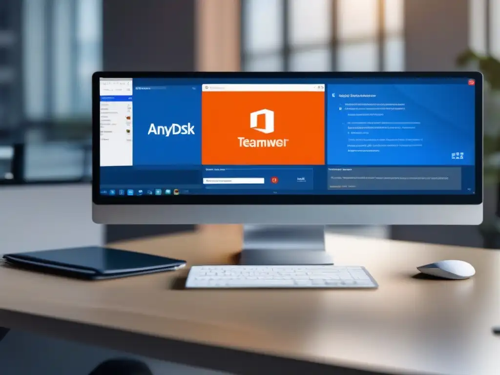 Comparativa en 8K: TeamViewer vs Comparativa herramientas videoconferencia remoto: Imagen 8k muestra interfaces de TeamViewer y AnyDesk, destacando sus características técnicas y diseño moderno