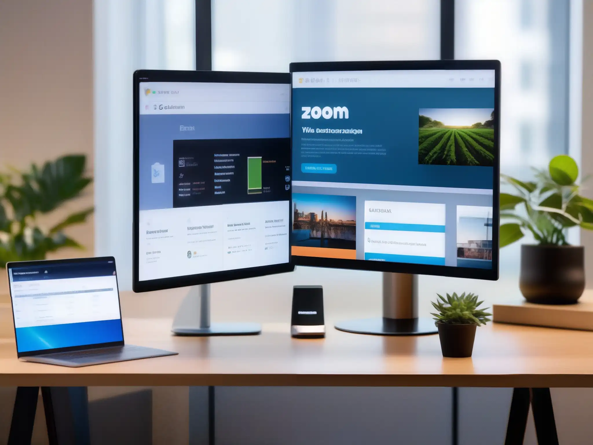 Comparación profesional: Jitsi Meet vs Comparativa Jitsi Meet vs Zoom: Imagen moderna de dos pantallas con interfaces profesionales en un espacio minimalista con luz natural