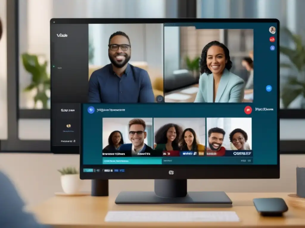 Comparación Jitsi Meet vs Comparativa Jitsi Meet vs Zoom: Imagen de videoconferencia profesional con personas y detalles de interfaz, calidad de video y participación