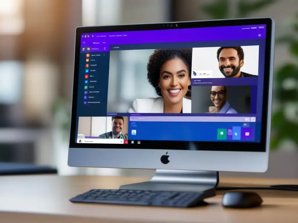 Comparativa Zoom vs Microsoft Teams en pantalla dividida Comparativa de interfaces: Zoom y Microsoft Teams en monitor moderno, enfoque remoto y profesional
