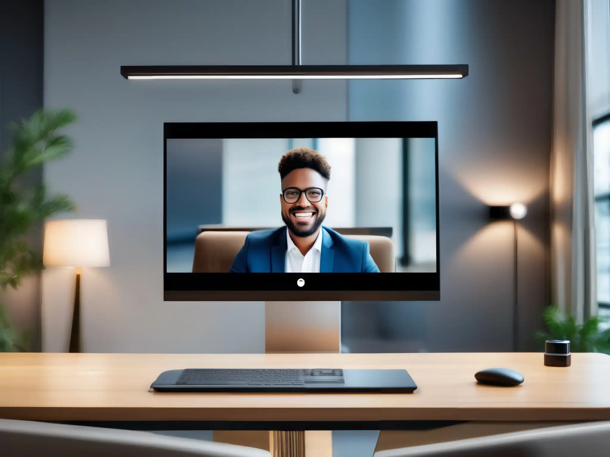 Interfaz de videoconferencia moderna y elegante en pantalla sofisticada Comparativa de las mejores herramientas de videoconferencia en un entorno profesional y moderno con una interfaz elegante y controles intuitivos